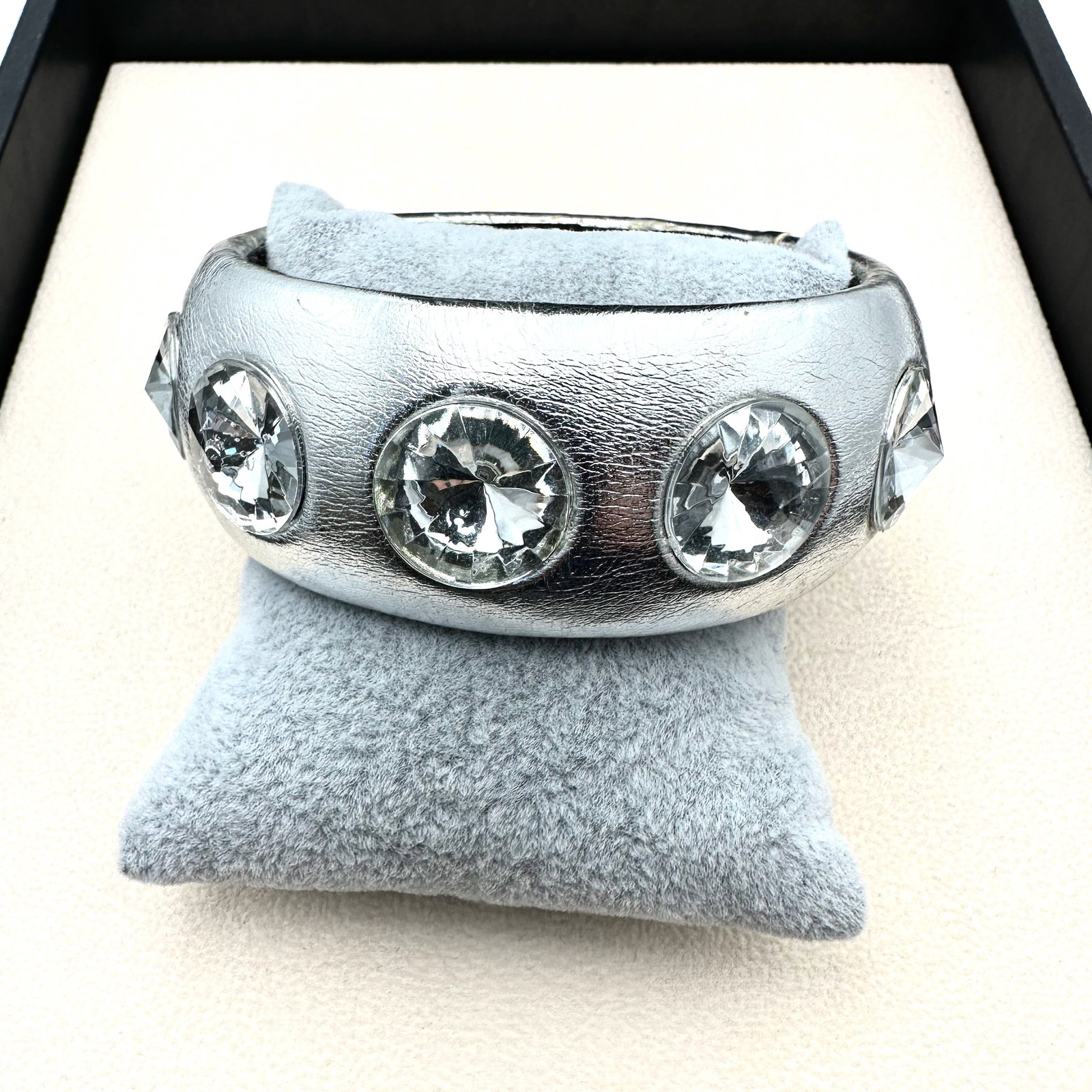 Vintage 1980s Silver Leather and Crystal Wide Bangle Bracelet (1 of 2)