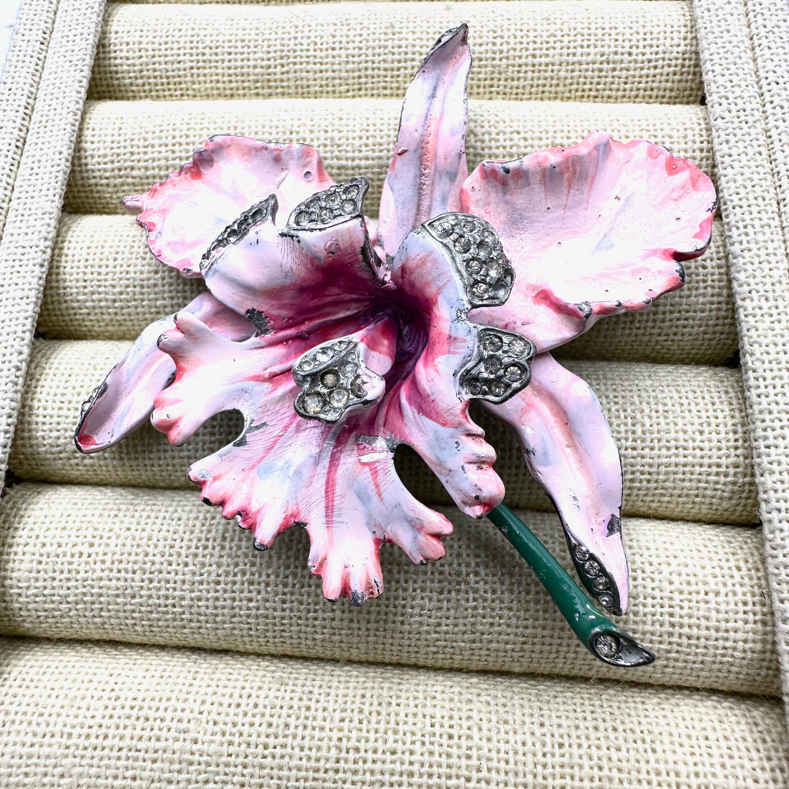 Antique Reinad? Large Pink Enamel Orchid Flower Silver Pot Metal Brooch Pin 3 Inch (1 of 2)