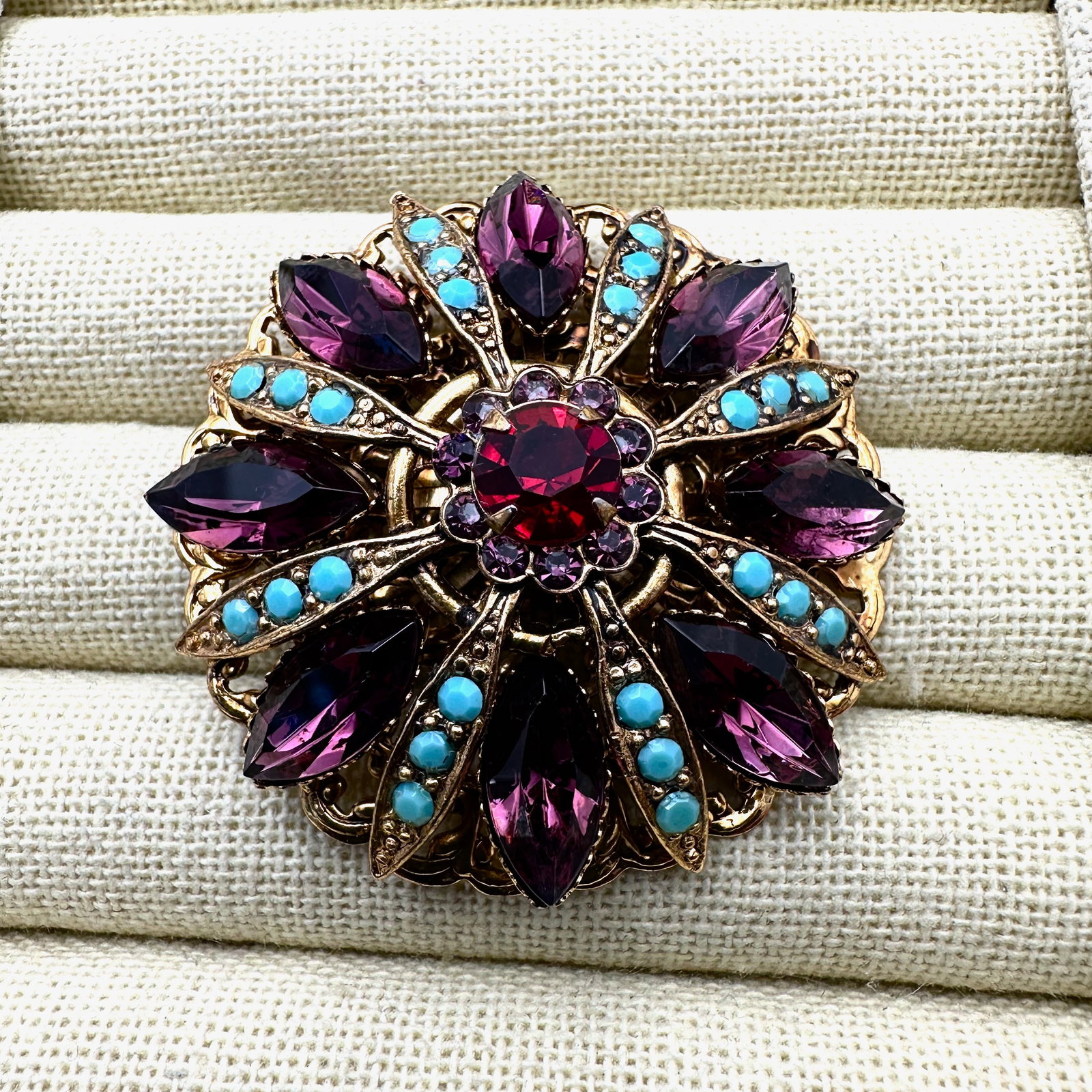 Vintage Purple and Turquoise Colored Glass Rhinestone Gold Tone Brooch Pin 2 Inch (1 of 2)