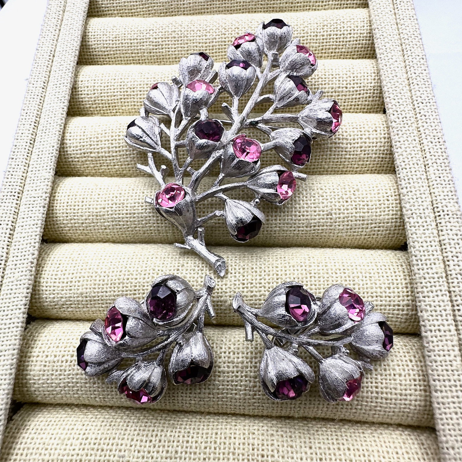 Vintage Sarah Coventry Pink and Purple Glass Rhinestone Silver Tone Brooch Pin and Clip Earrings Set (1 of 2)