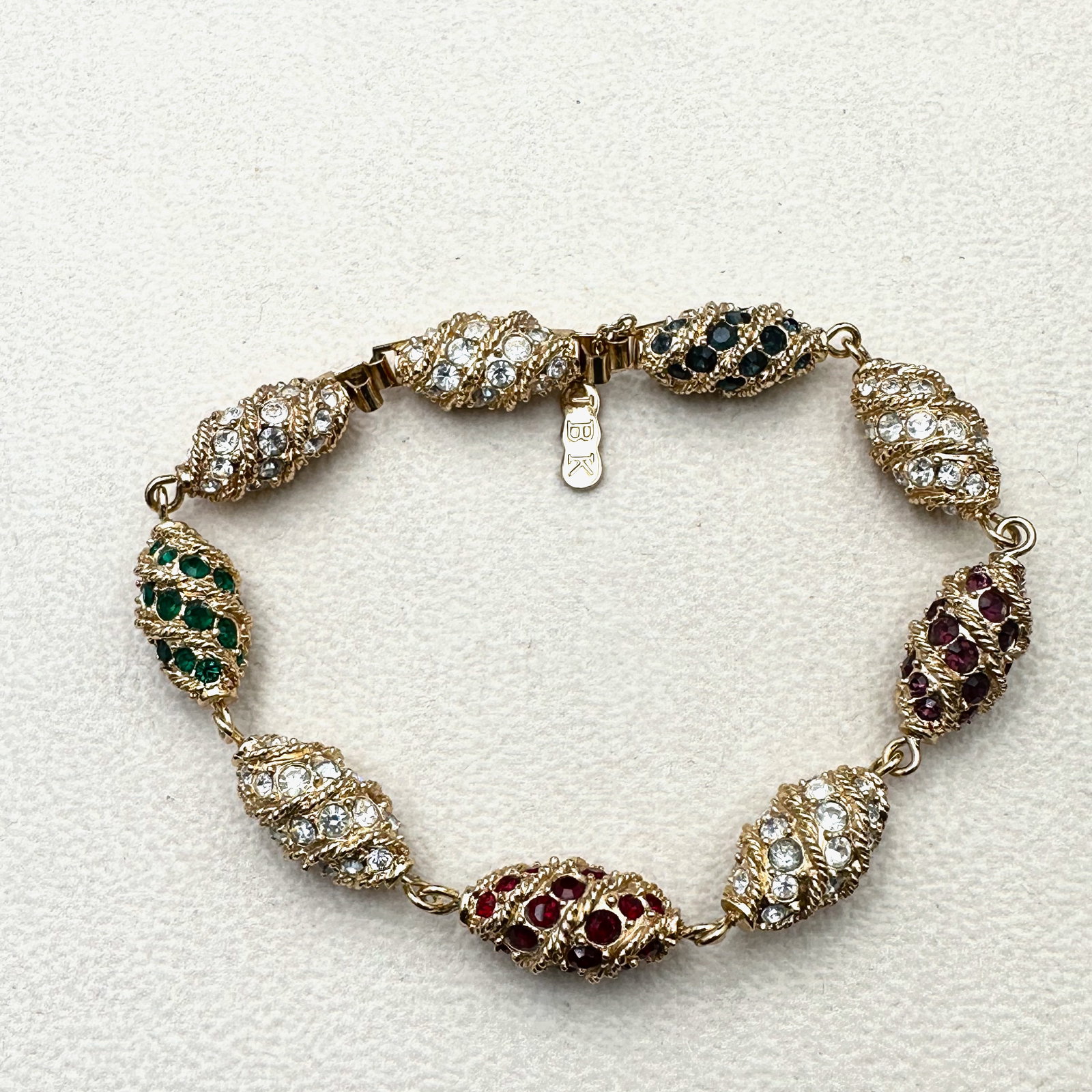 Vintage Camrose & Kross Jackie Kennedy Replica Bracelet Red Blue Clear Rhinestone Gold Tone 8 Inch (1 of 2)
