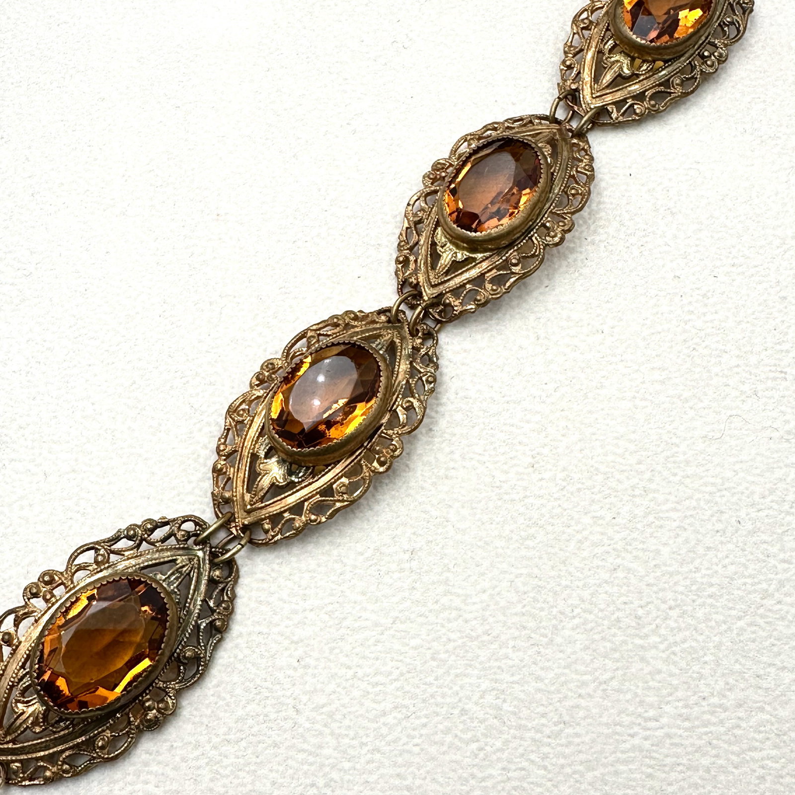 Antique Vintage Amber Czech Glass Gold Tone Filigree Bracelet 7 Inch: Antique Vintage Amber Czech Glass Gold Tone Filigree Bracelet 7 Inch