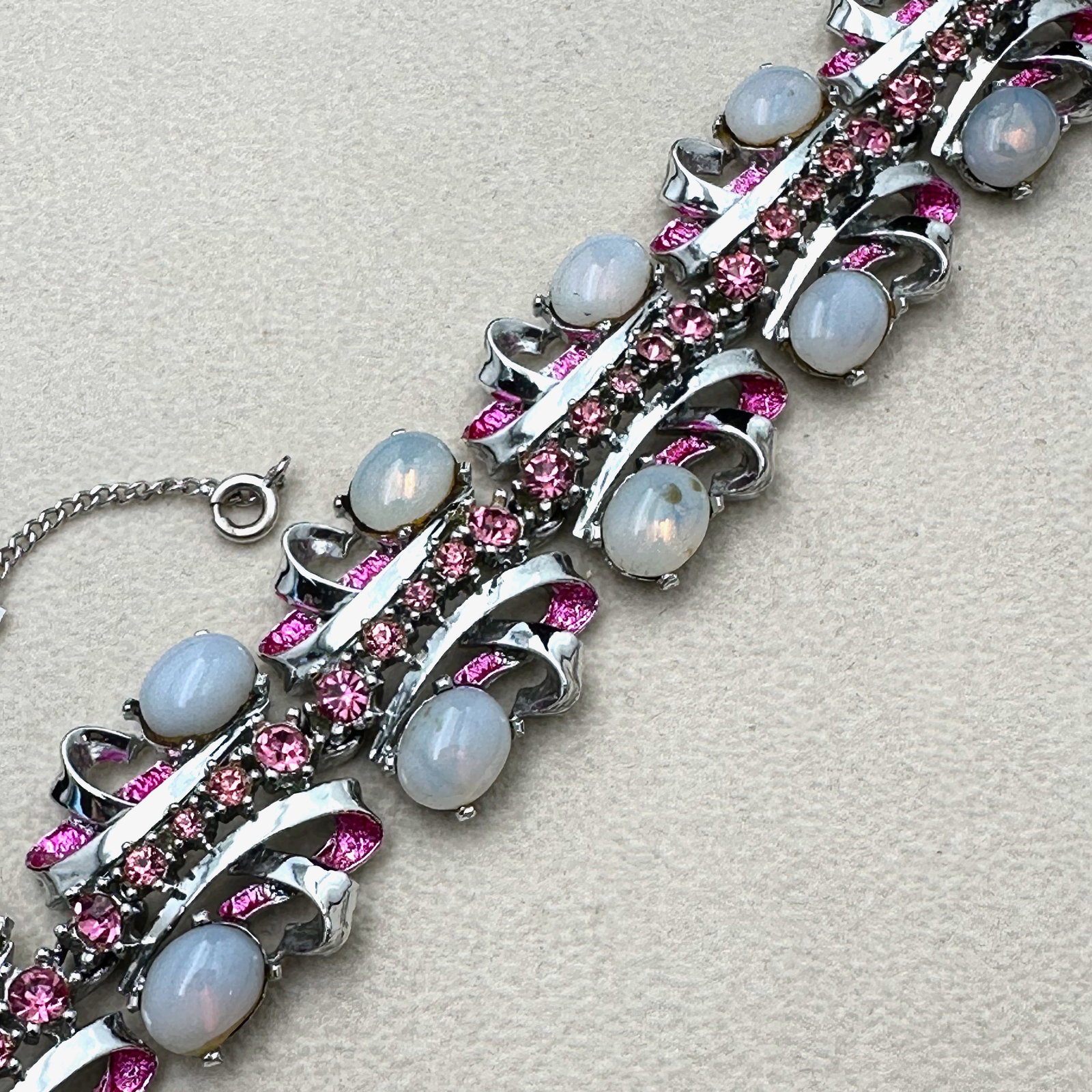 Vintage Opalescent and Pink Glass Rhinestone Silver Tone Bracelet 7.5 Inch (1 of 3)