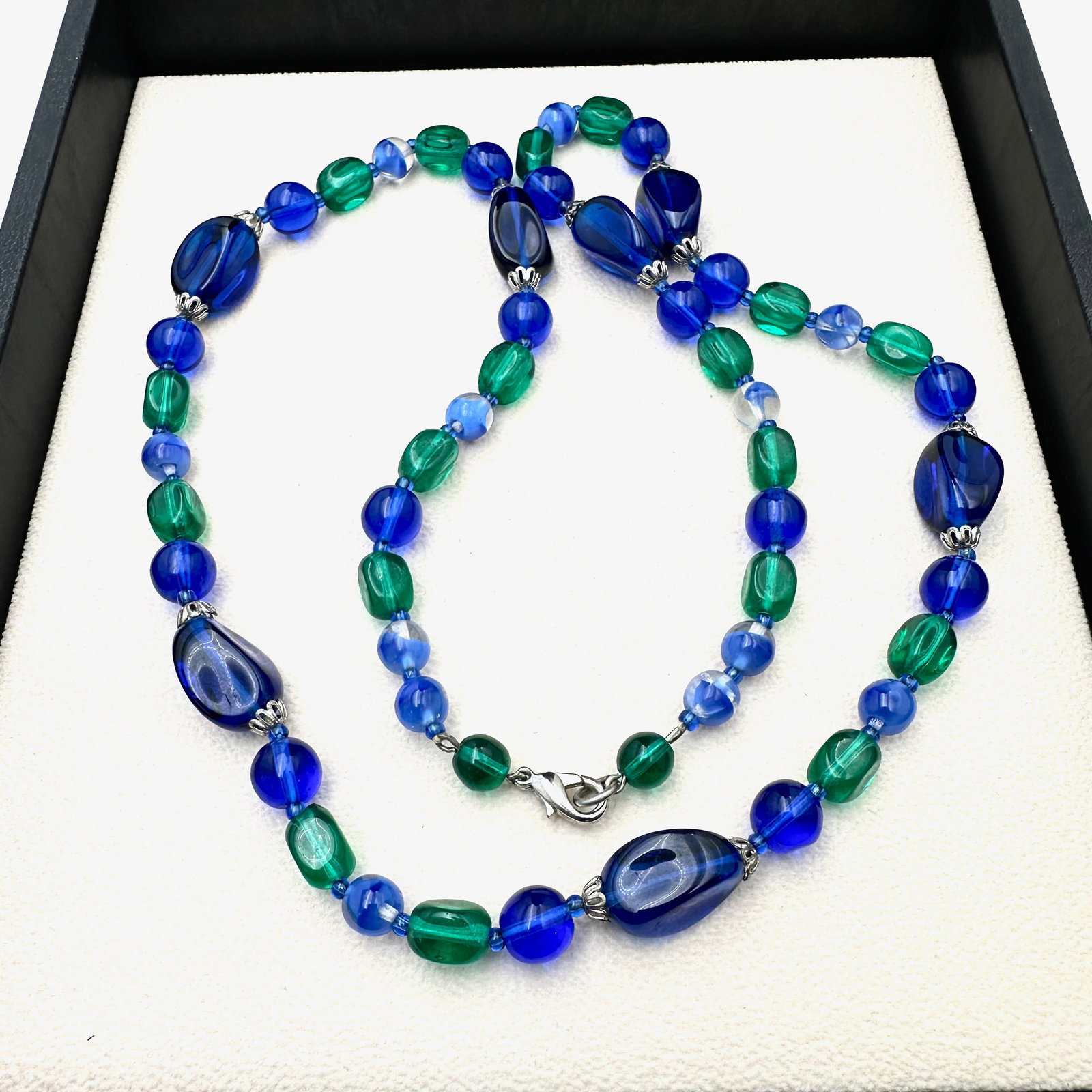 Vintage Blue and Green Glass Bead Necklace 26 Inch Length (1 of 2)