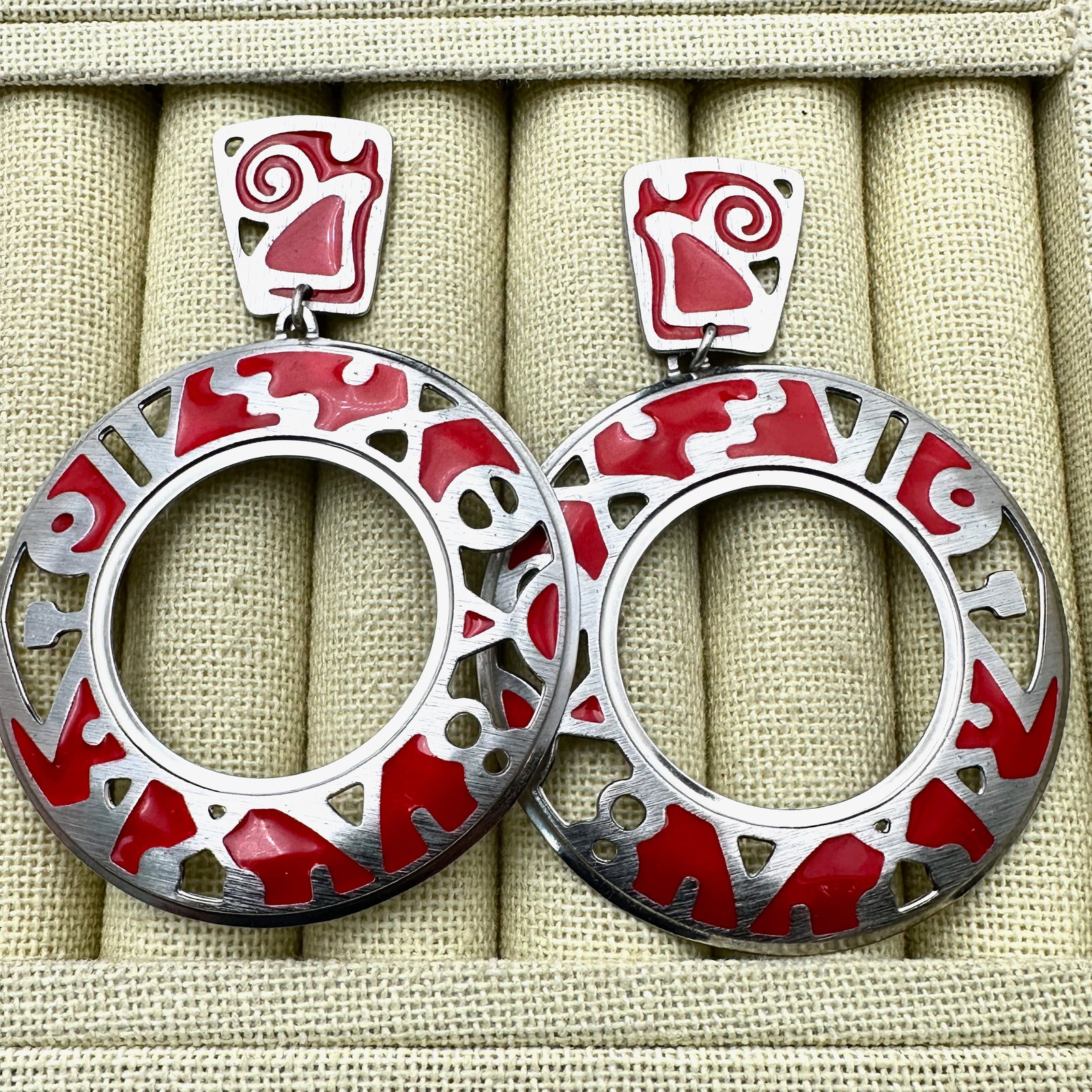 Vintage Berebi Pierced Silver Tone Statement Earrings 3 Inch Length Red Enamel (1 of 2)