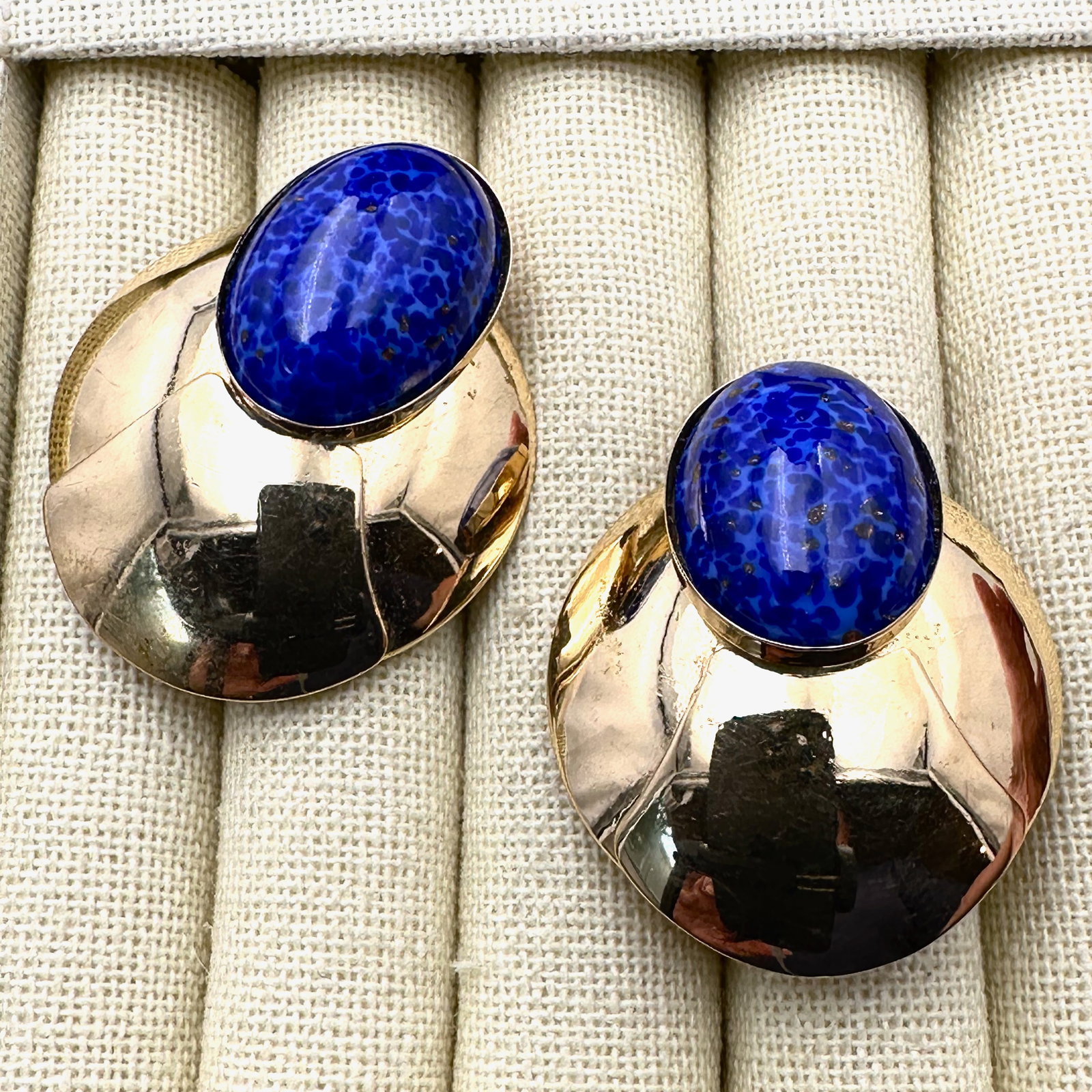 Vintage Large Blue Lapis Lazuli Gemstone Gold Plated Clip Earrings 1.75 Inch (1 of 2)