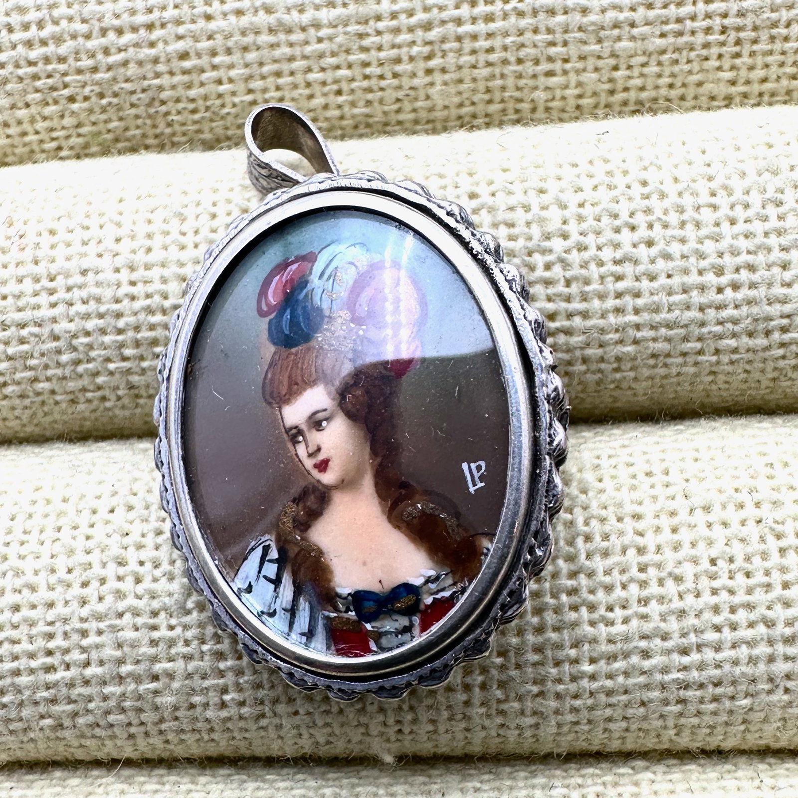 Antique 800 Silver Hand Painted Portrait Brooch Pin Pendant 1.25 Inch (1 of 2)