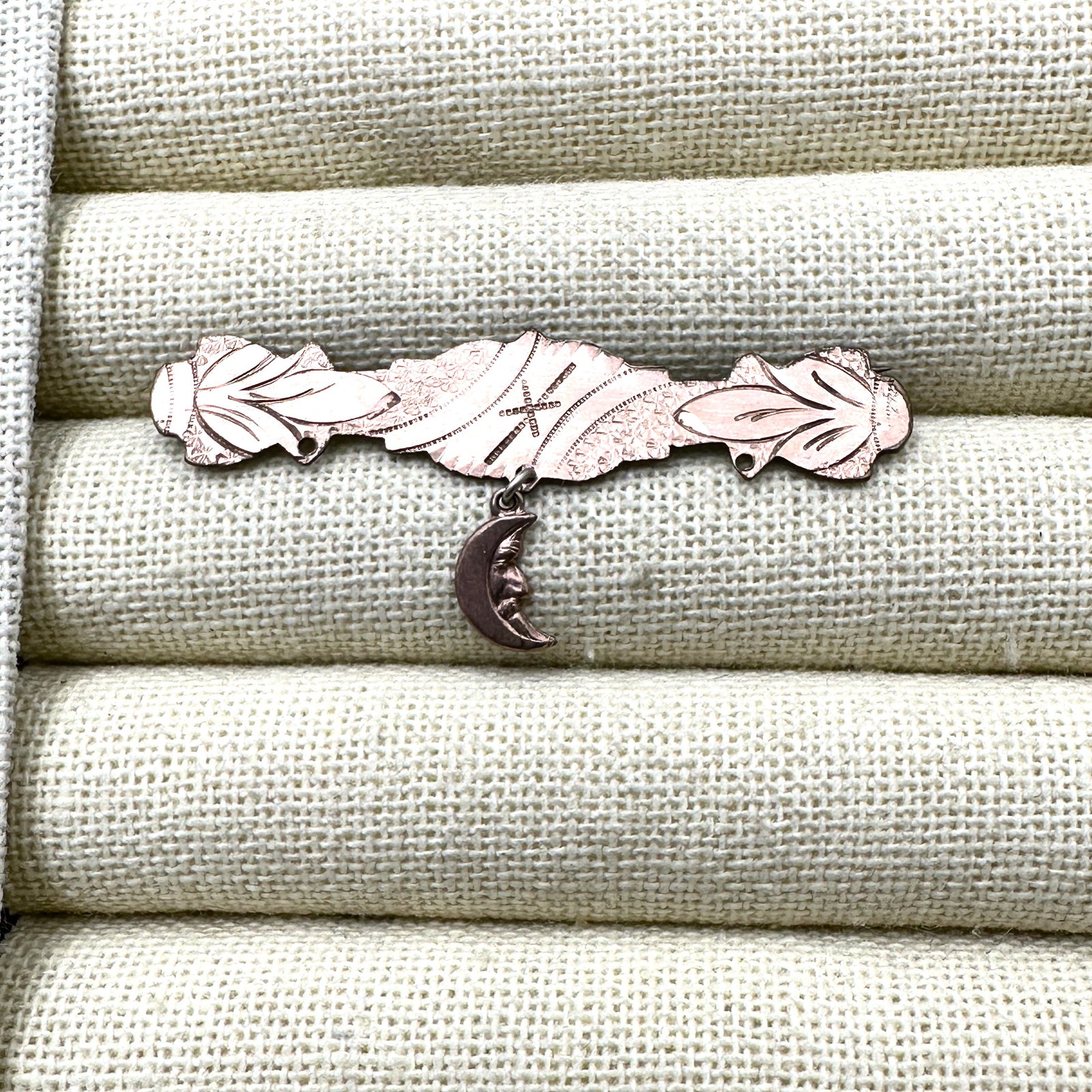 Antique Victorian Gold Filled Bar Brooch Pin with Moon Charm 2 Inch Across: Antique Victorian Gold Filled Bar Brooch Pin with Moon Charm 2 Inch Across