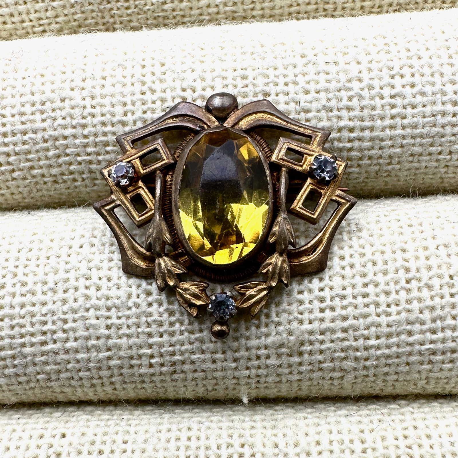 Antique Victorian Gold Filled Yellow Czech Glass Brooch Pin 1 Inch: Antique Victorian Gold Filled Yellow Czech Glass Brooch Pin 1 Inch