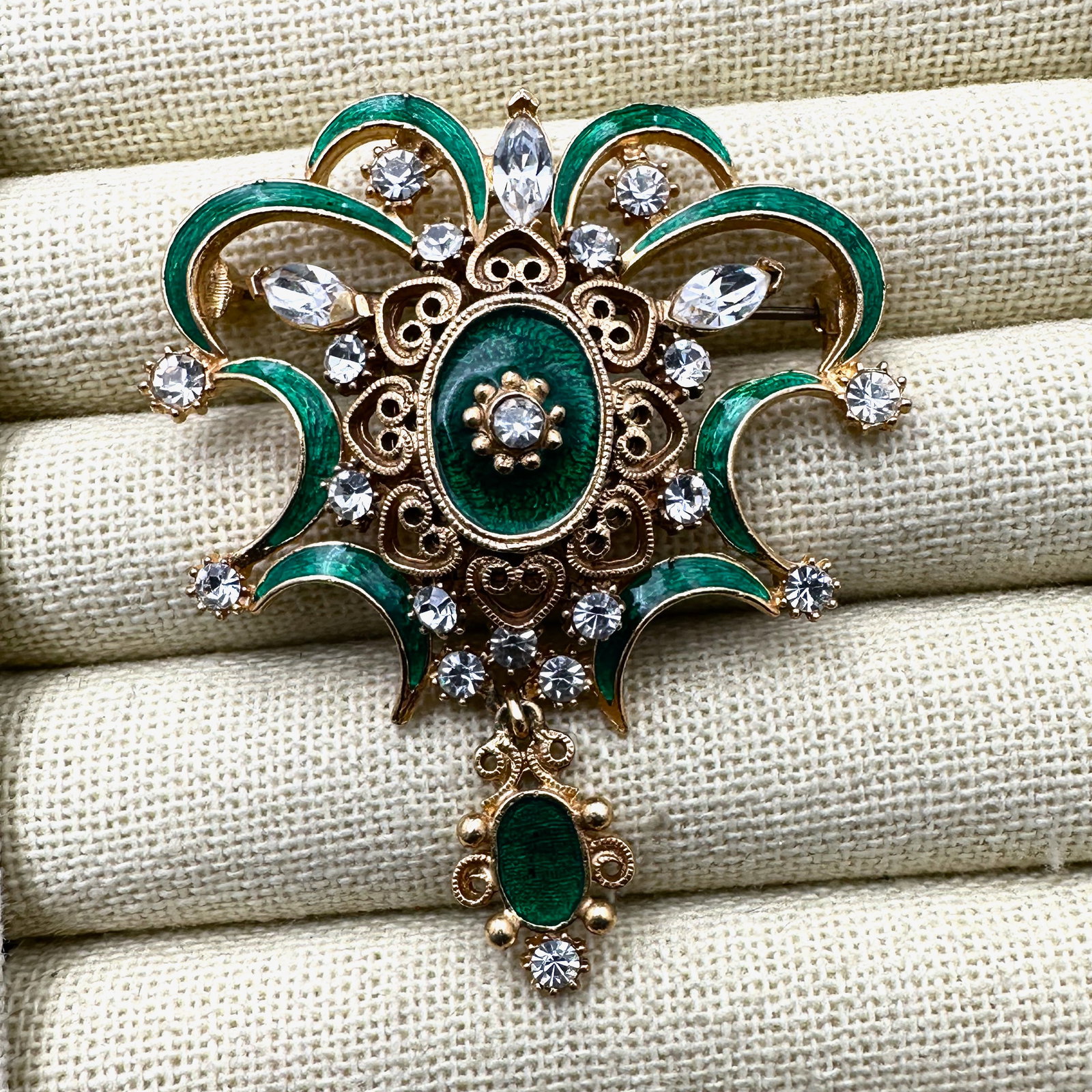 Vintage Florenza Green Enamel Clear Rhinestone Gold Tone Brooch Pin 2.5 Inch (1 of 2)