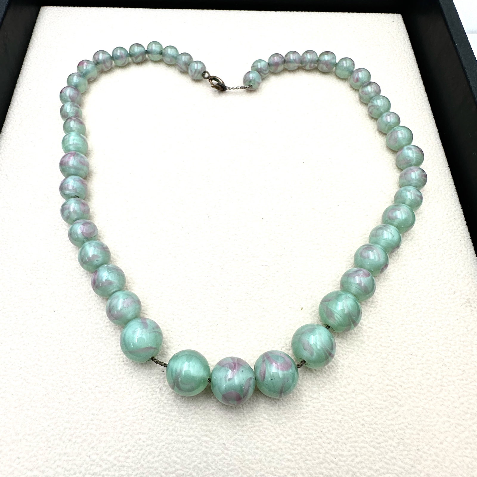 Antique Green with Pink Swirl Venetian Glass Bead Necklace Strung on Wire 16 Inch (1 of 2)