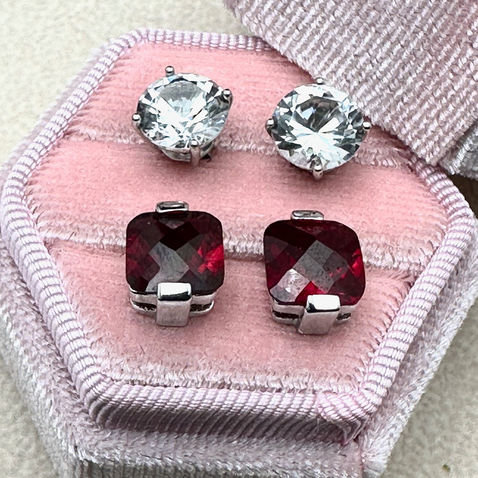 Ruby and White Sapphire Sterling Silver Pierced Stud Earrings Box Included (1 of 2)