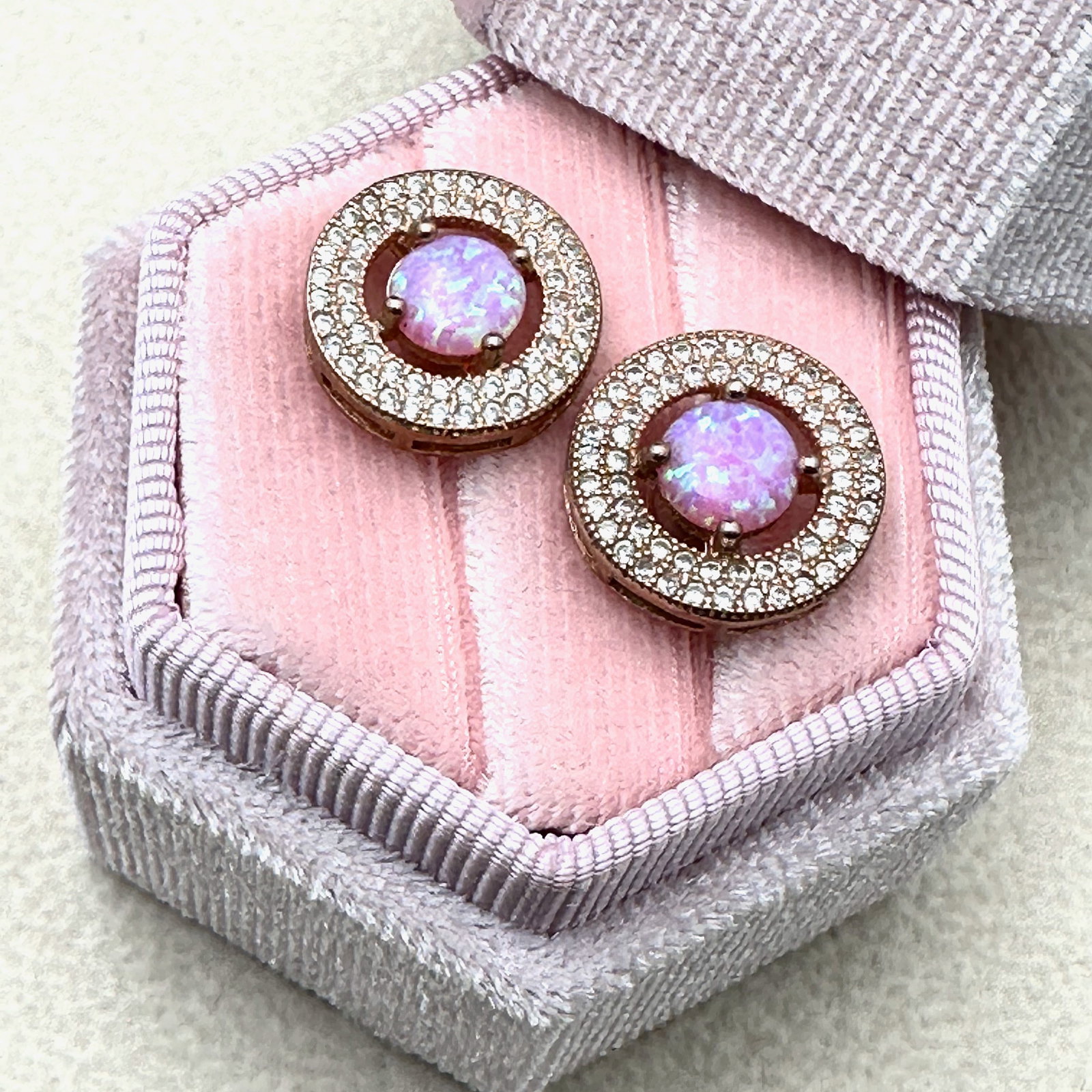 Pink Opal and Diamond Rose Gold Plated Sterling Silver Pierced Stud Earrings Box Included (1 of 2)