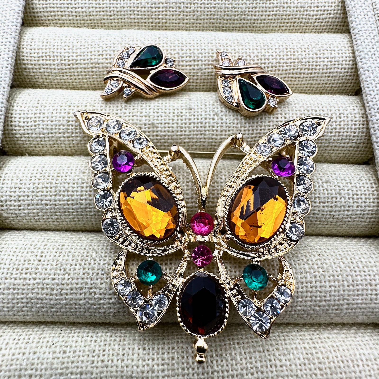 Vintage Multicolor Glass Rhinestone Butterfly Brooch Pin 2.25 Inch and Coordinating Earrings (1 of 2)