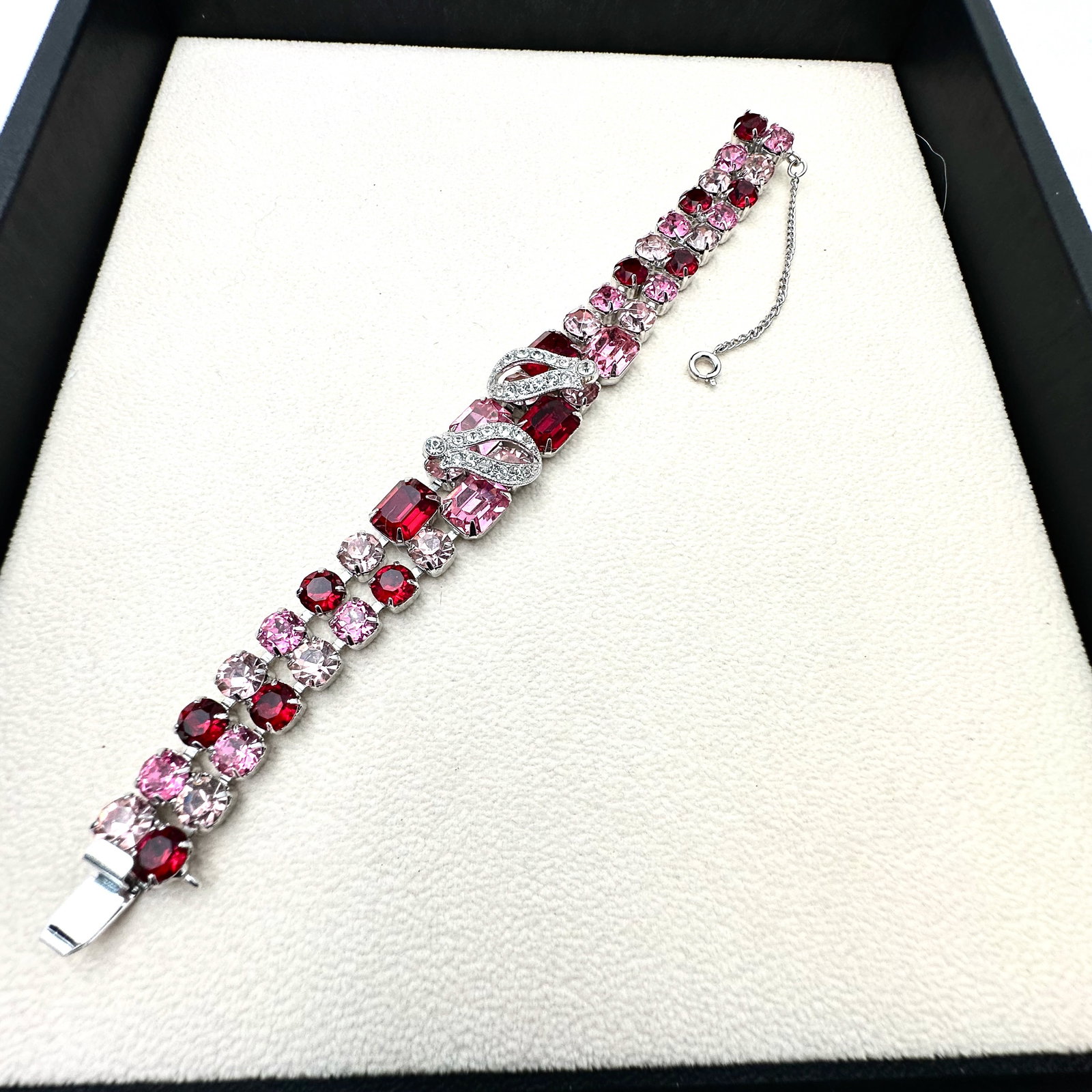Vintage Eisenberg Pink and Red Glass Rhinestone Silver Tone Bracelet 6.5 Inch (1 of 2)