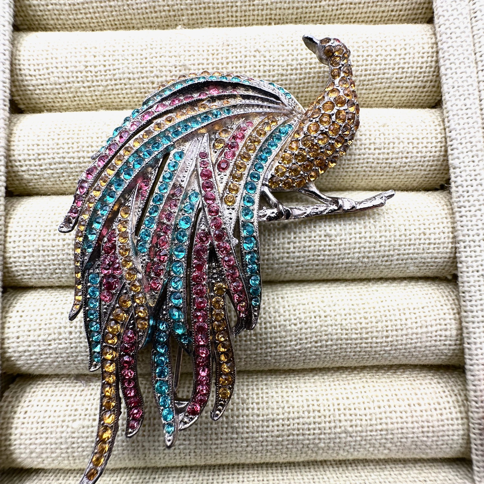 Antique Vintage Multicolor Rhinestone Silver Pot Metal Bird Brooch Pin 3.5 Inch (1 of 2)