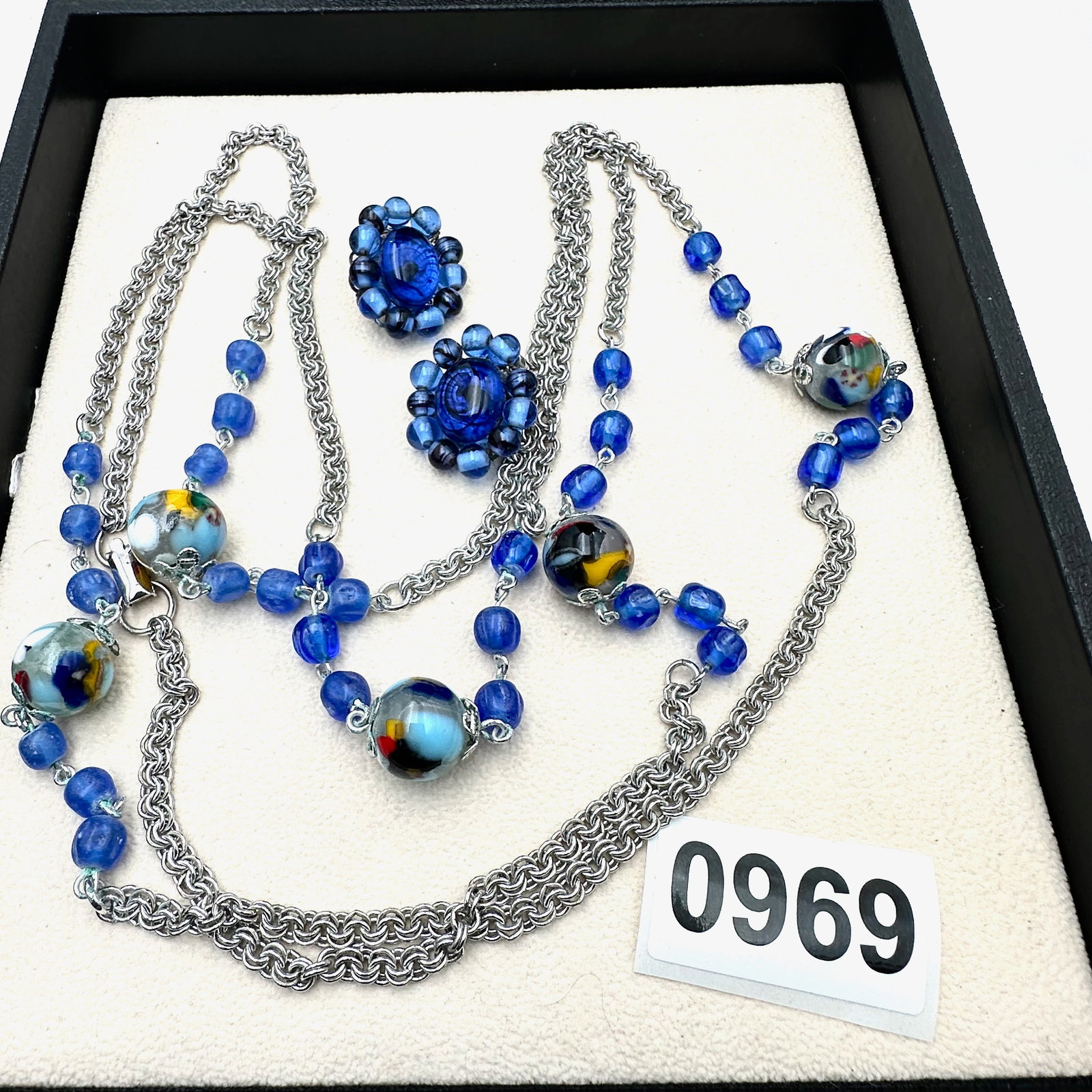 Vintage Blue Murano Glass Bead Necklace and Clip Earrings (1 of 2)