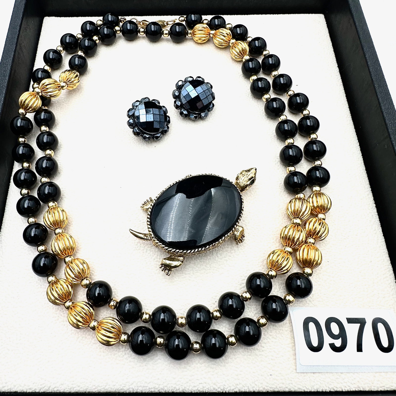 Vintage Avon Black and Gold Tone Bracelet Turtle Brooch and Clip Earrings (1 of 2)
