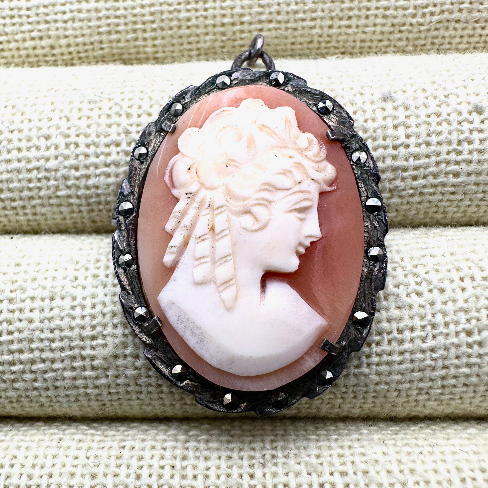 Antique Sterling Silver Carved Shell Cameo Brooch Pin Pendant 1.5 Inch (1 of 2)