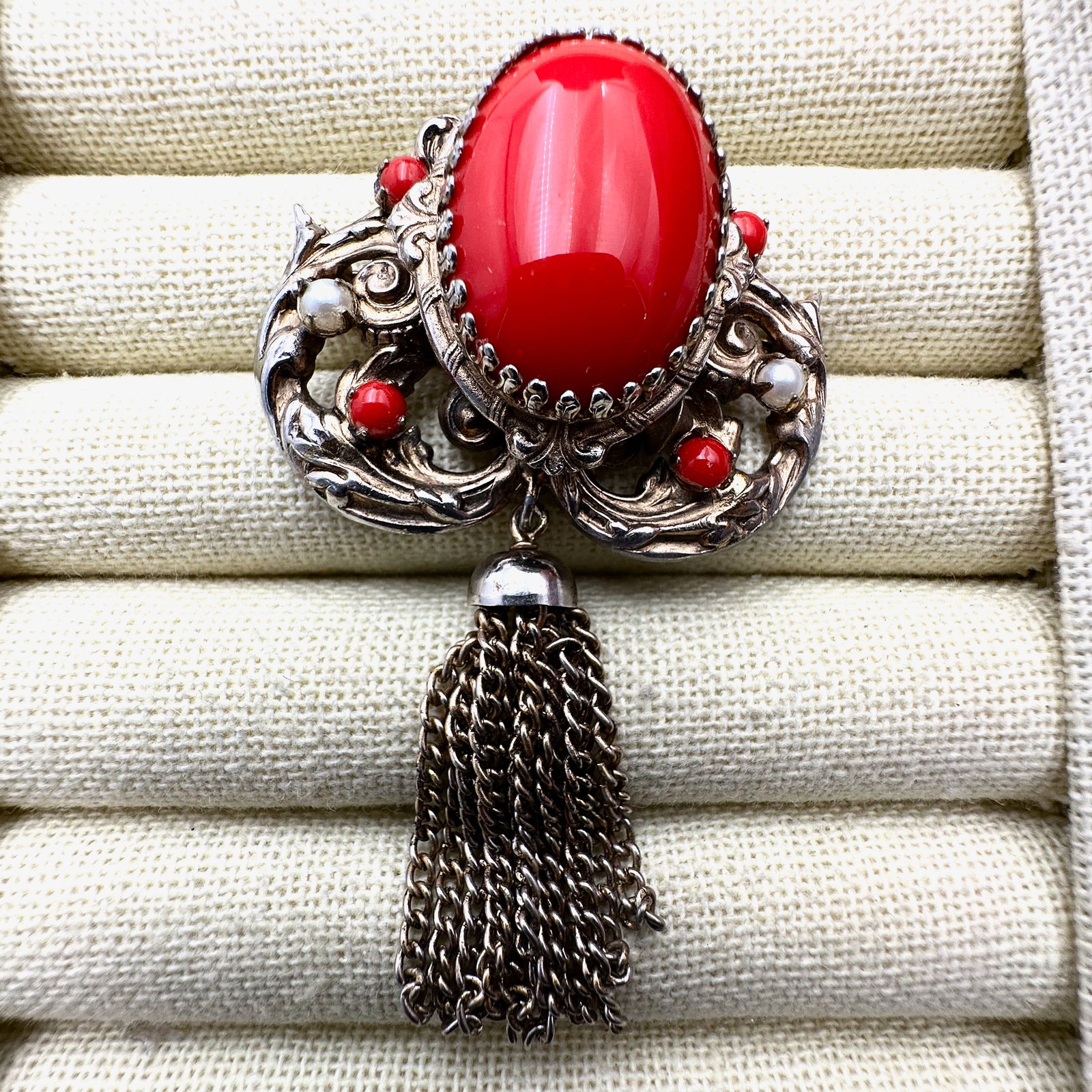 Vintage Red Czech Glass Gold tone Brooch Pin 3 Inch (1 of 2)
