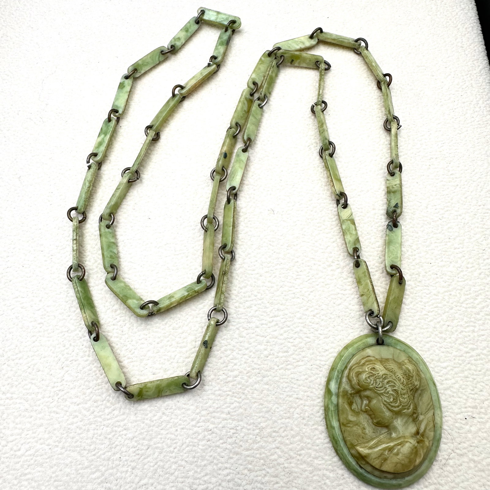 Antique Green Celluloid Cameo Pendant Necklace 26 Inch Celluloid Link Chain (1 of 2)