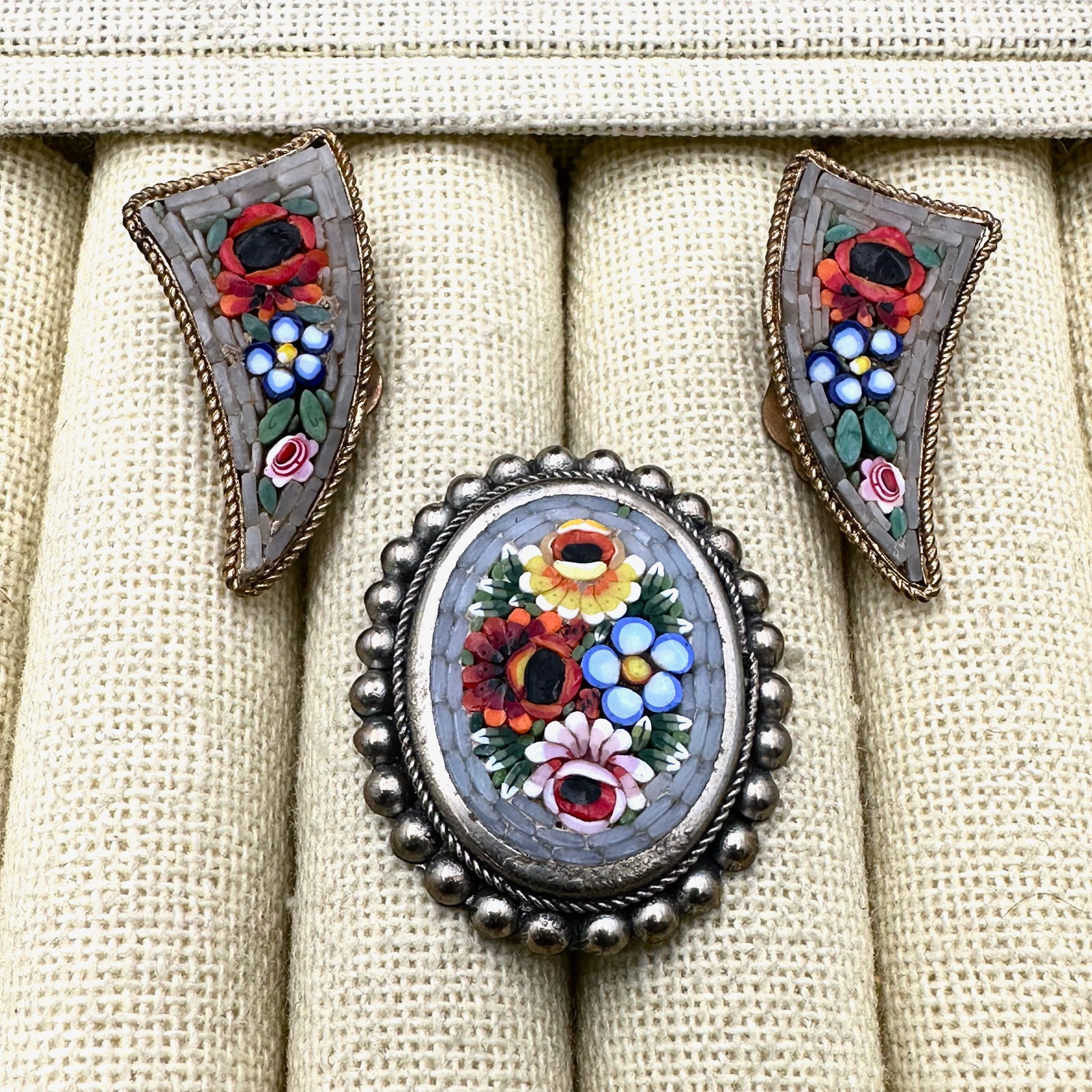 Vintage Micro Mosaic Brooch and Clip Earrings (1 of 2)