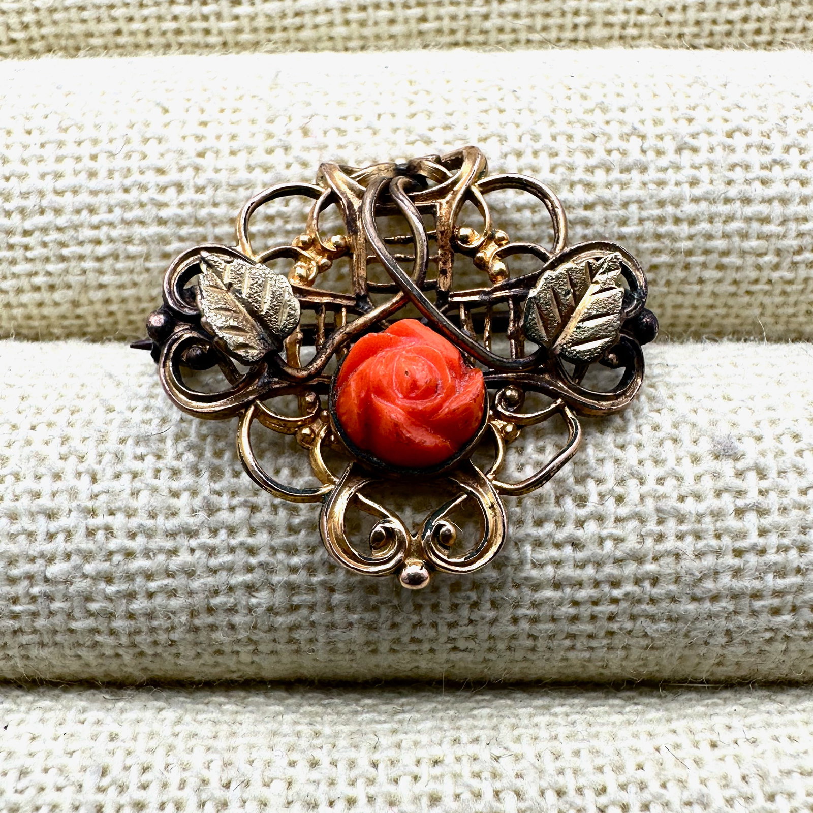 Antique Victorian Gold Filled Coral Rose Brooch Pin 1 Inch: Antique Victorian Gold Filled Coral Rose Brooch Pin 1 Inch