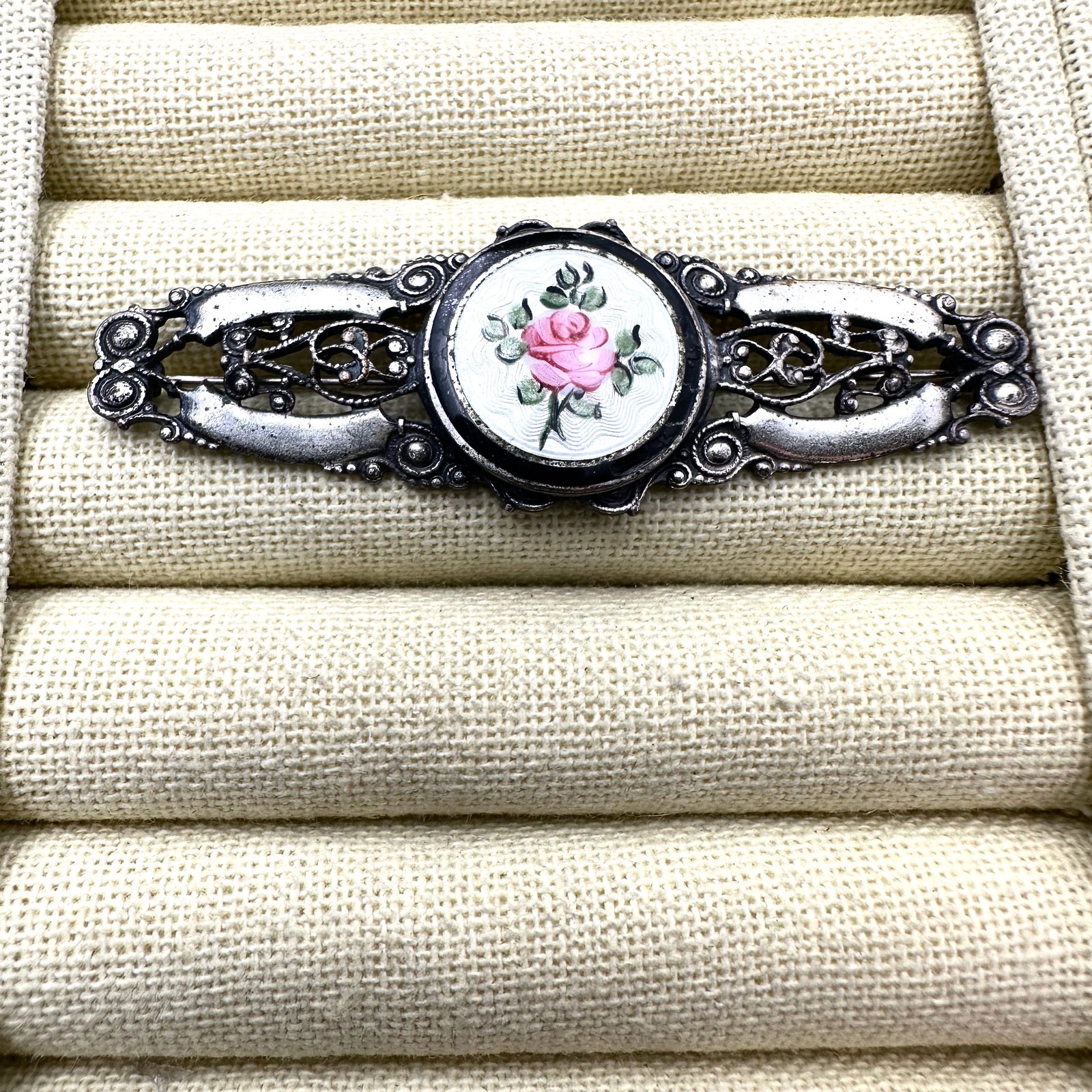 Antique Guilloche Enamel Rose Sterling Silver Brooch Pin 3 Inch (1 of 2)