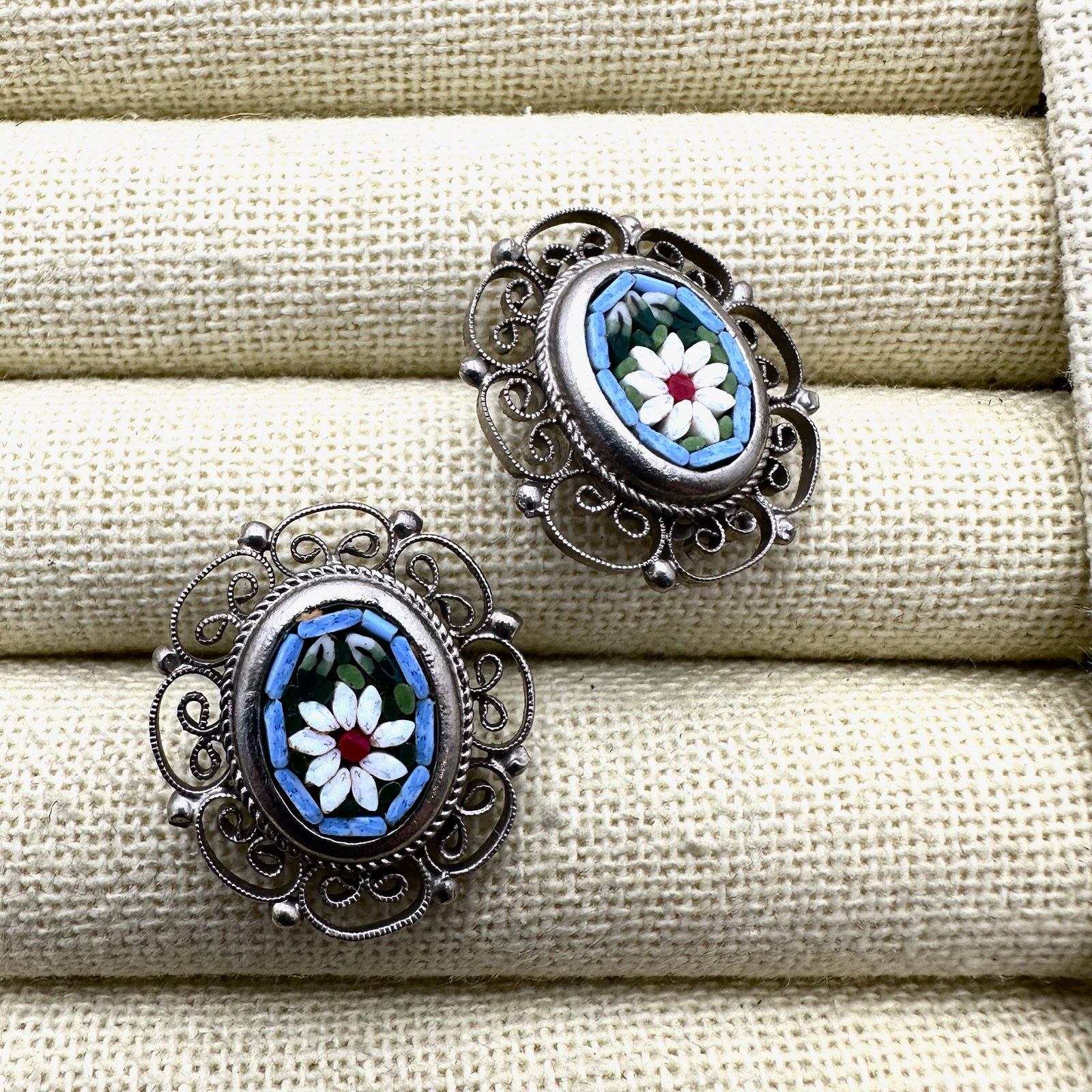 Vintage Italian Micro Mosaic Clip Earrings Silver Tone Filigree (1 of 2)