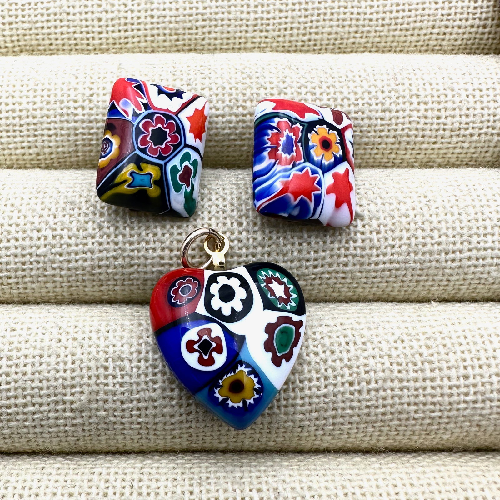 Vintage Millefiori Murano Glass heart Pendant and Clip Earrings: Vintage Millefiori Murano Glass heart Pendant and Clip Earrings