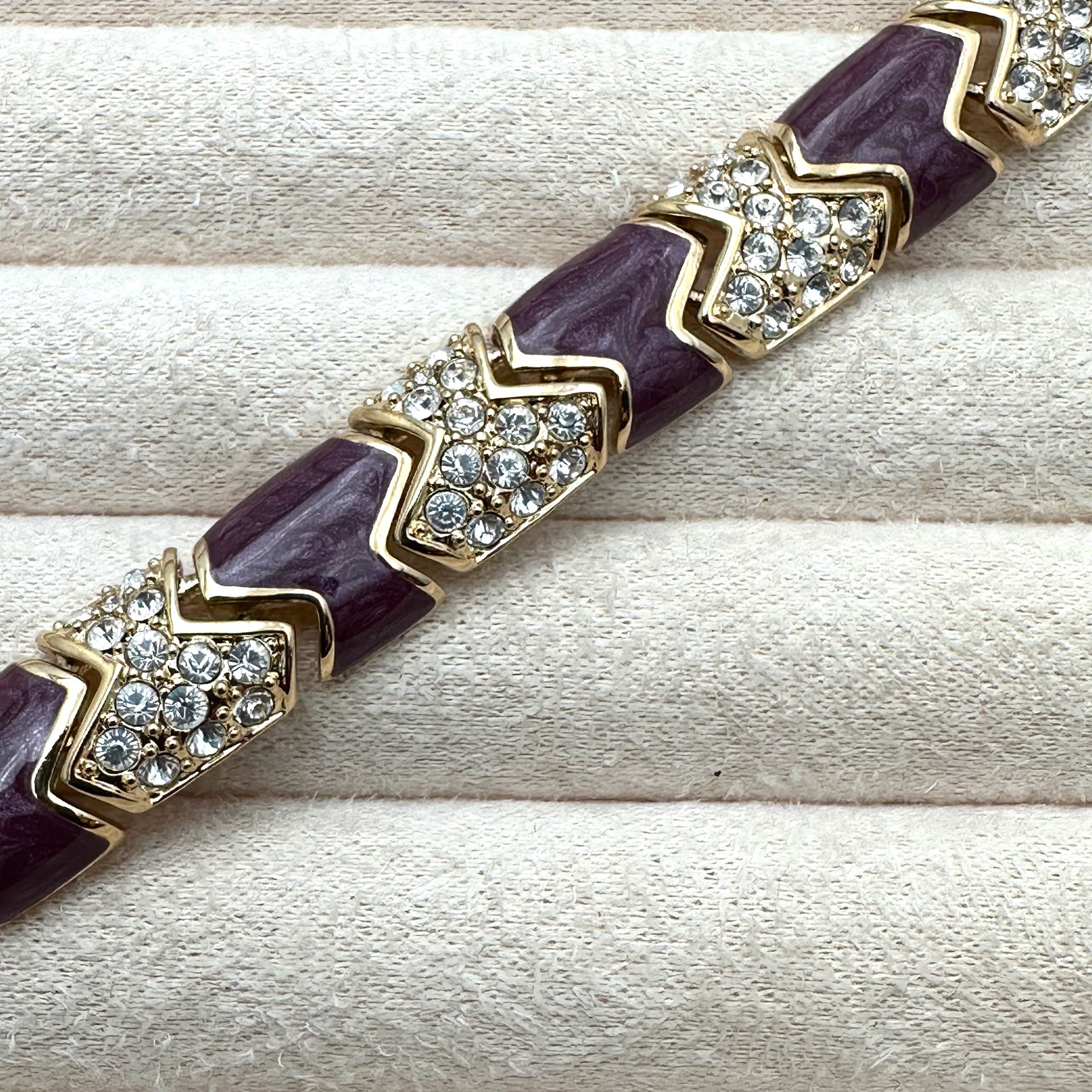 Vintage KJL Kenneth Jay Lane Purple Enamel Clear Rhinestone Gold Tone Bracelet 7 Inch (1 of 3)