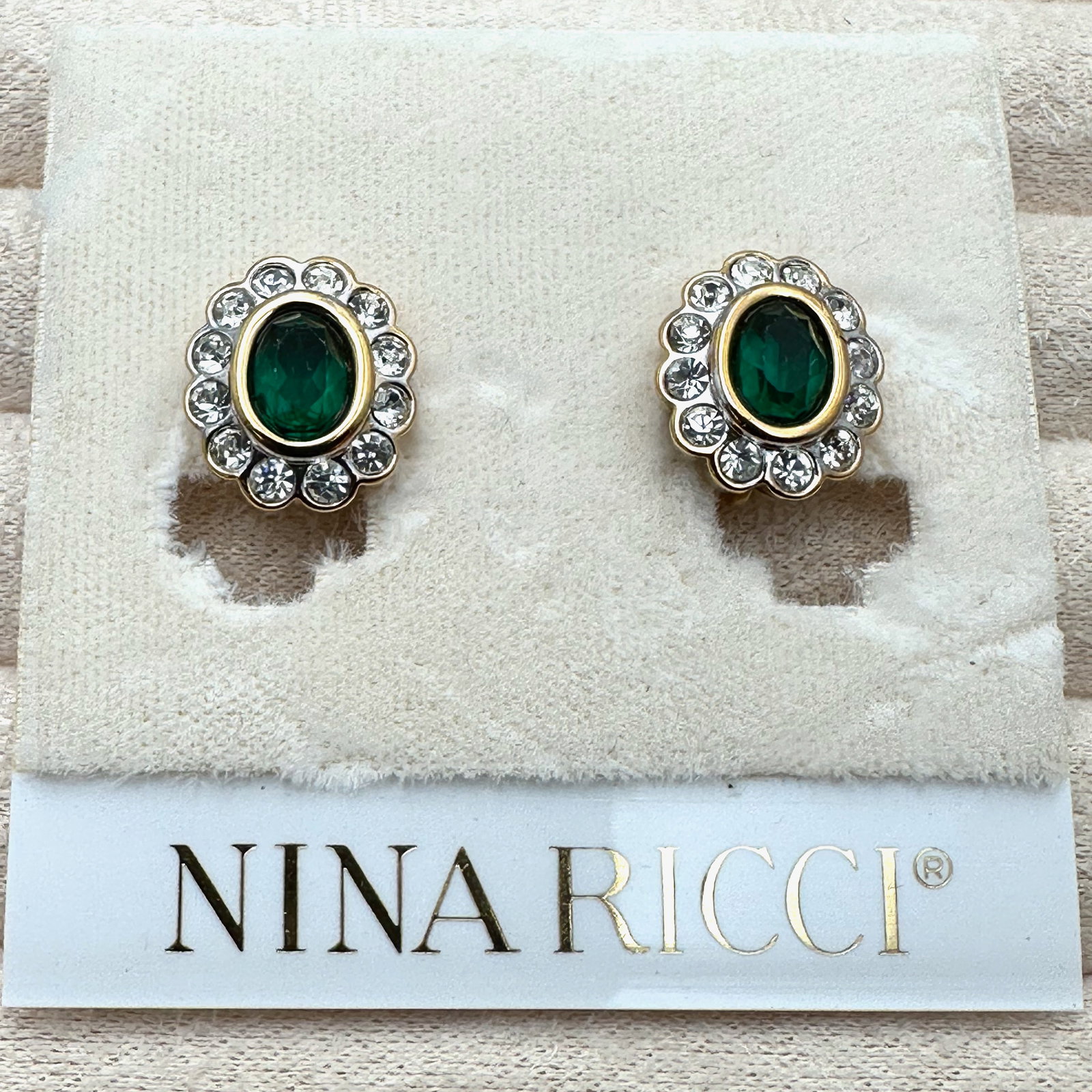 Vintage Nina Ricci Emerald Green Crystal Gold Tone Clip Earrings on Original Card: Vintage Nina Ricci Emerald Green Crystal Gold Tone Clip Earrings on Original Card