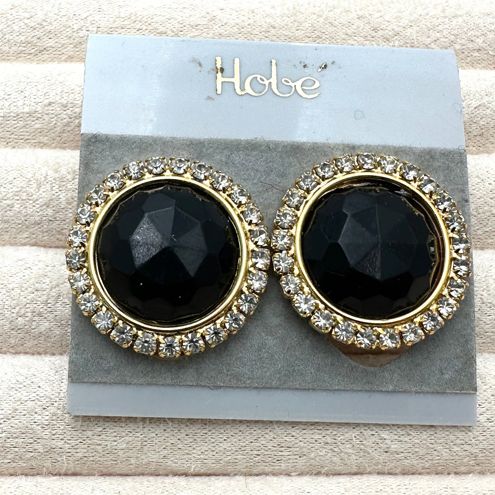 Vintage Hobe' Black and Clear Crystal Gold Tone Clip Earrings on Original Card (1 of 2)