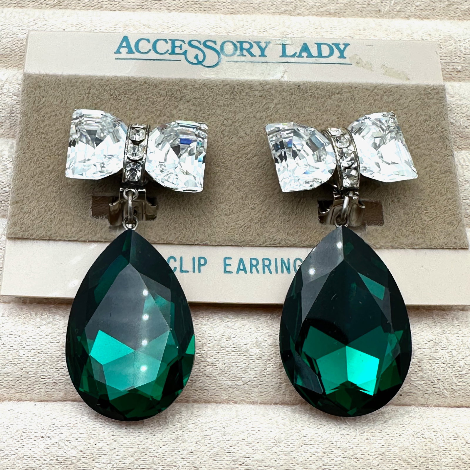 Vintage Emerald Green and Clear Crystal Silver Tone Clip Earrings on Original Card: Vintage Emerald Green and Clear Crystal Silver Tone Clip Earrings on Original Card