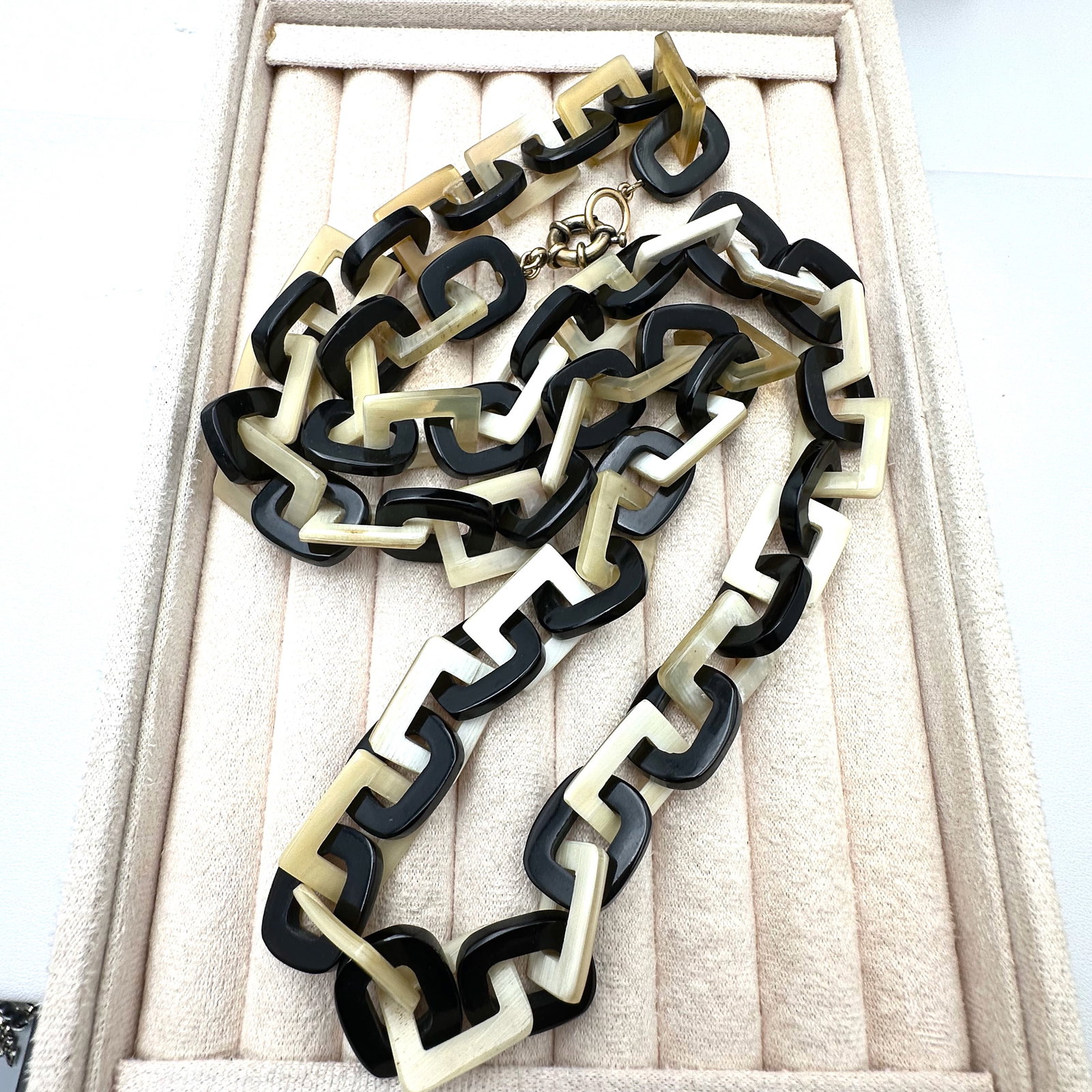 Mother of Pearl and Black Lucite Link Antiqued Gold Tone Necklace 30 Inch Length (1 of 2)