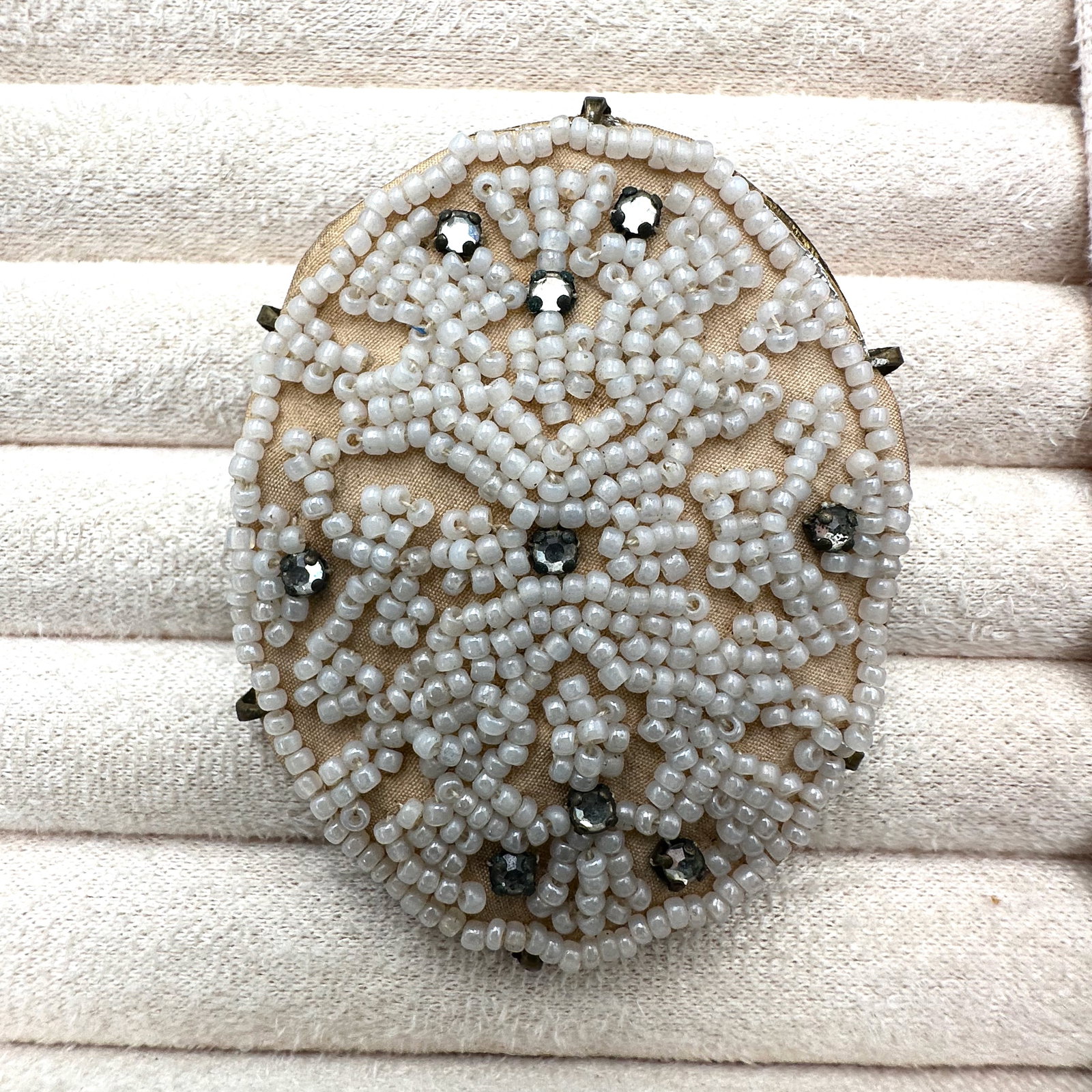 Antique Victorian Hand Sewn Glass Bead and Rhinestone Gold Tone Brooch 2.5 Inch (1 of 2)