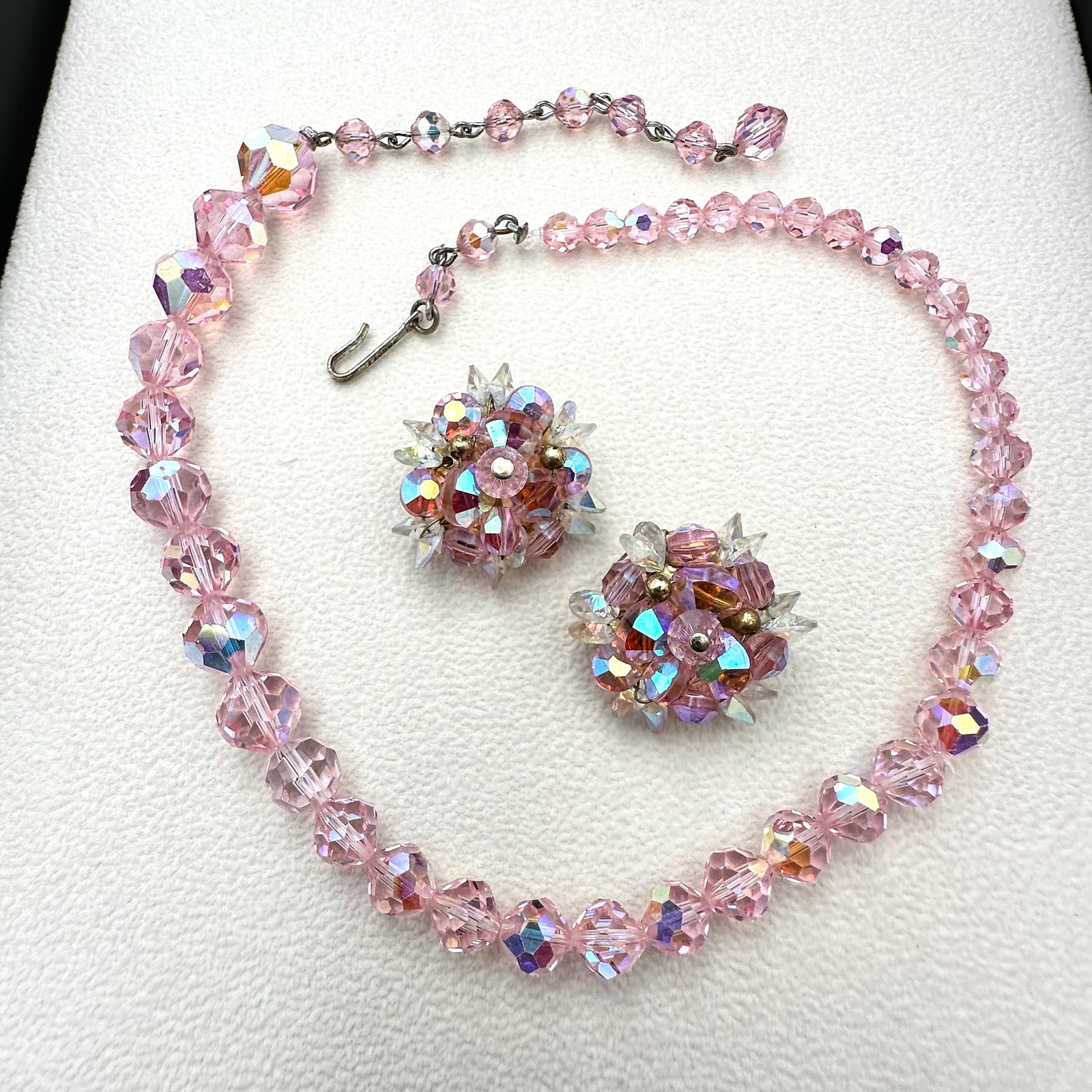 Vintage Pink Aurora Borealis Crystal Bead Necklace 16 Inch and Clip Earrings (1 of 2)