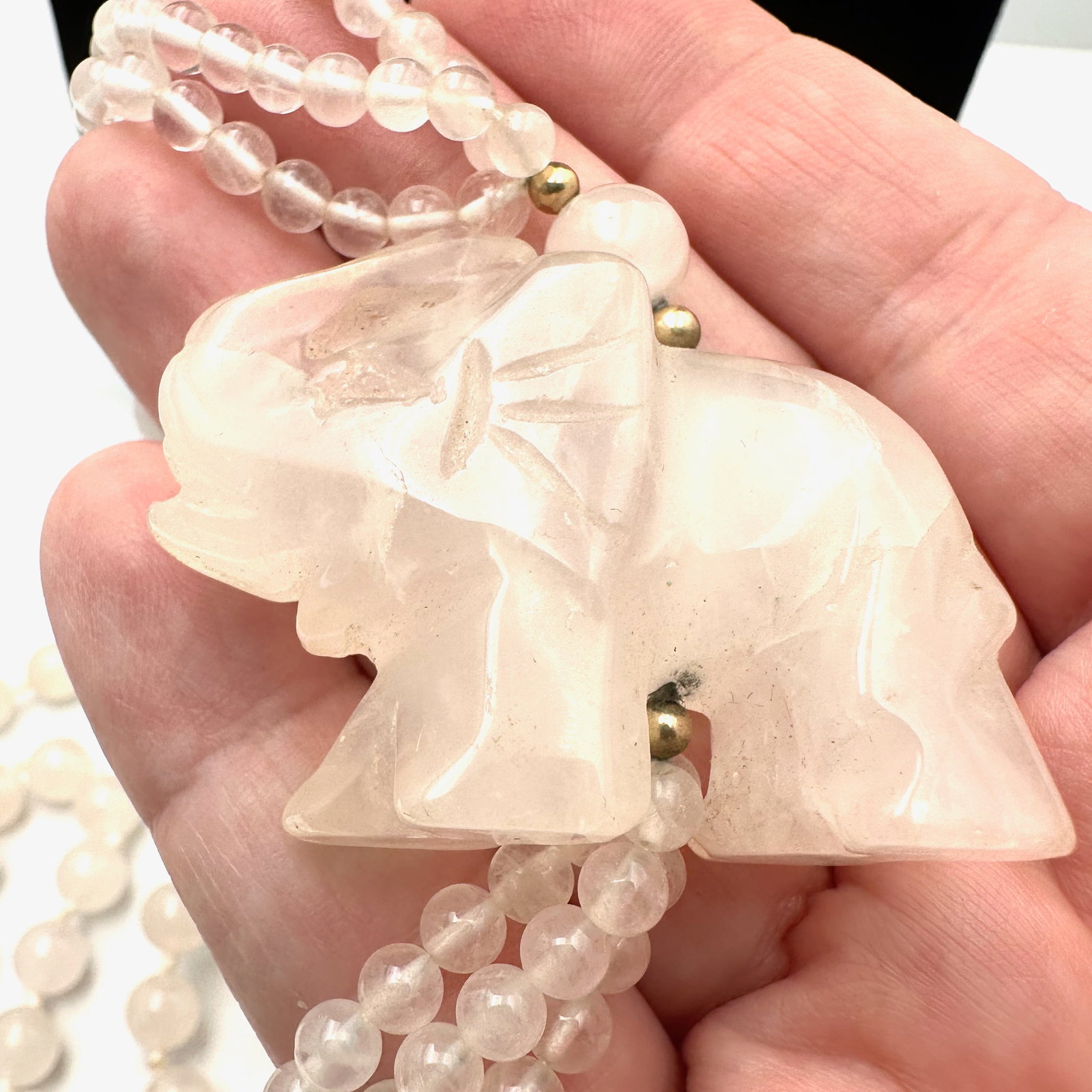 Vintage Carved Rose Quartz Elephant Bead Necklace 30 Inch (1 of 2)