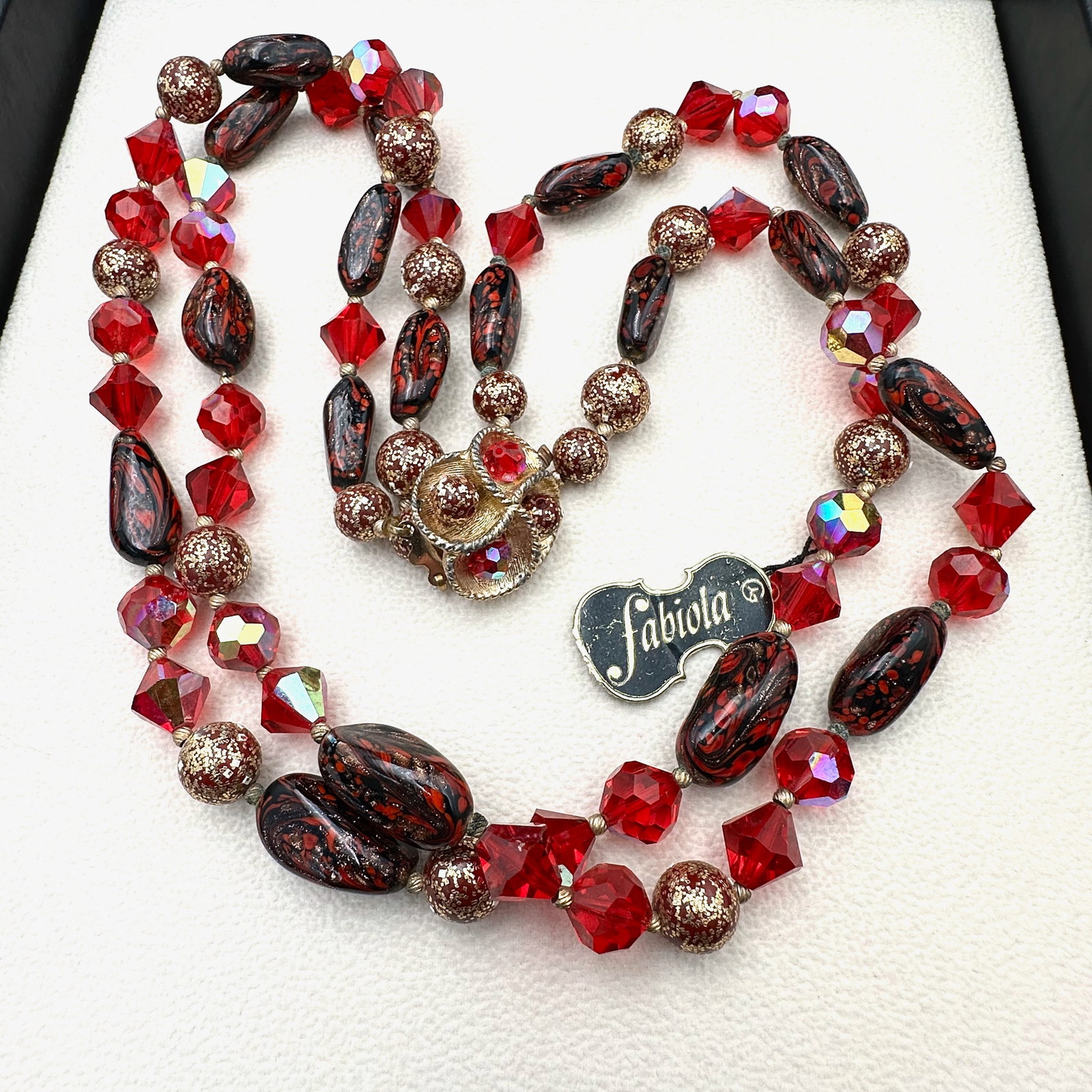 Vintage Fabiola Italian Murano Glass Bead and Crystal Necklace Red Black Gold Double Strand 20 Inch (1 of 2)