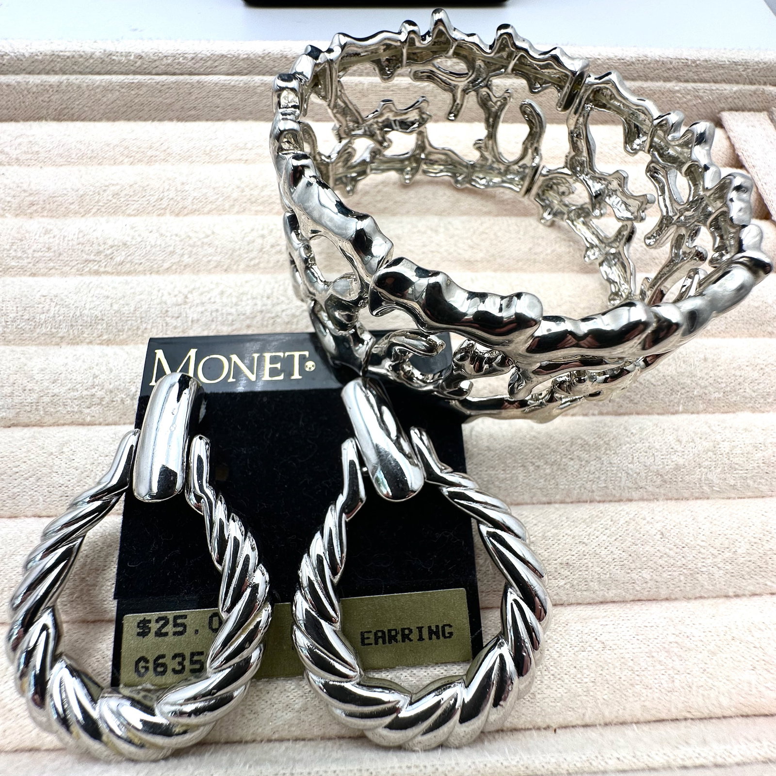Vintage Monet Door Knocker Silver Tone Clip Earrings and Adjustable Size Bracelet (1 of 2)