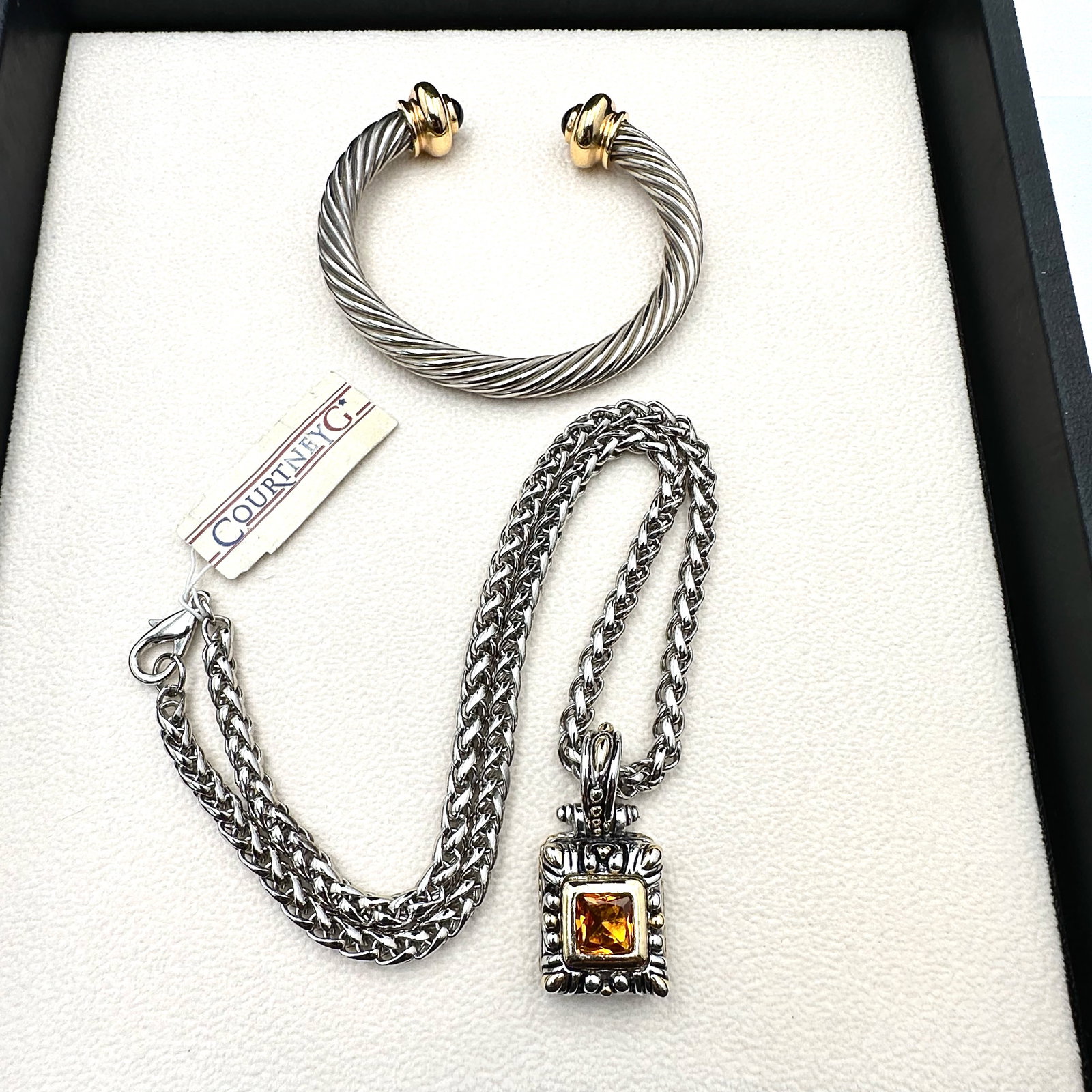 Vintage Courtney G Amber Glass Stone Gold and Silver Tone Pendant Neckalce Coordinating Cuff: Vintage Courtney G Amber Glass Stone Gold and Silver Tone Pendant Neckalce Coordinating Cuff Bracelet