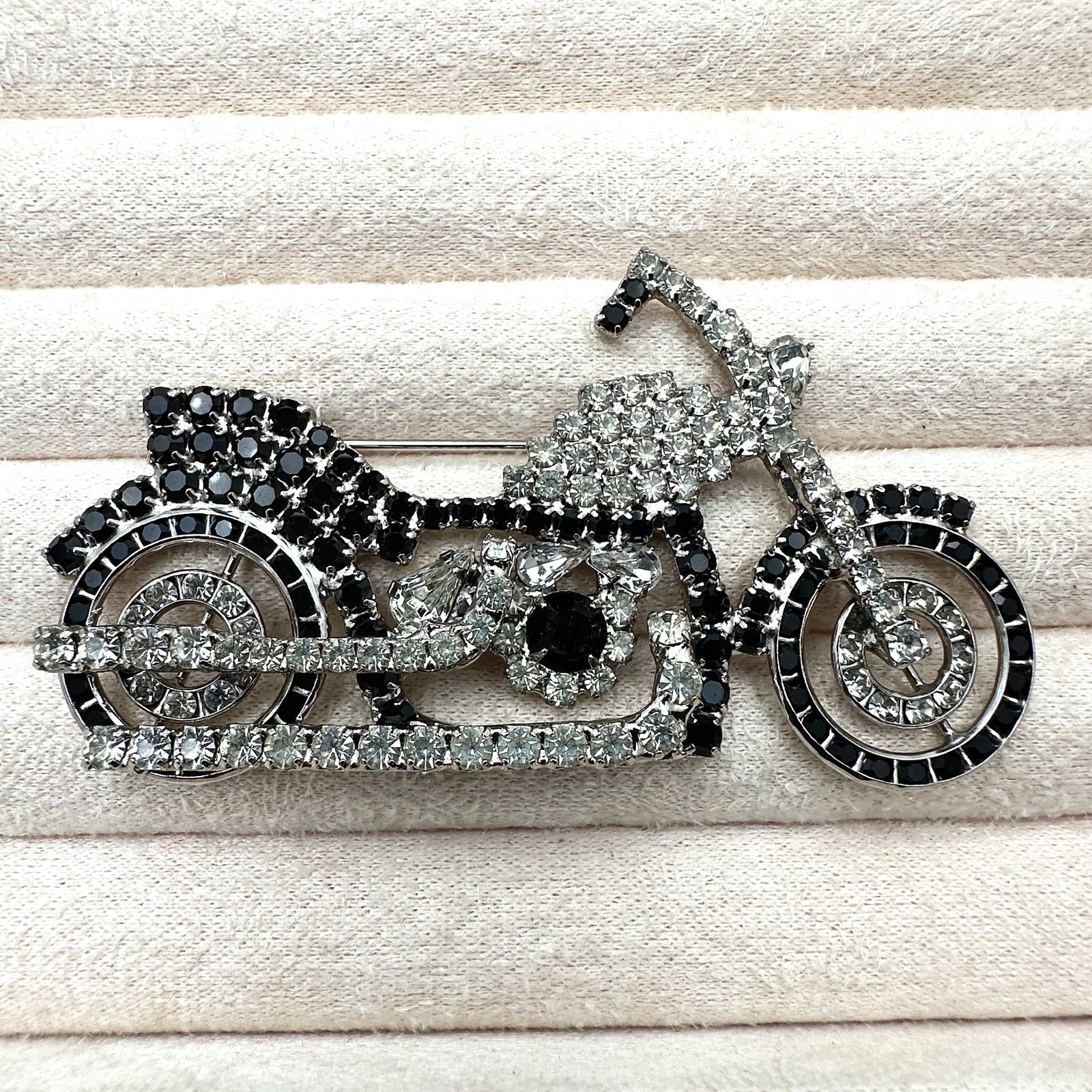 Vintage Bauer Black and Clear Glass Rhinestone Silver Tone Motorcycle Brooch Pin 3 Inch Across (1 of 2)