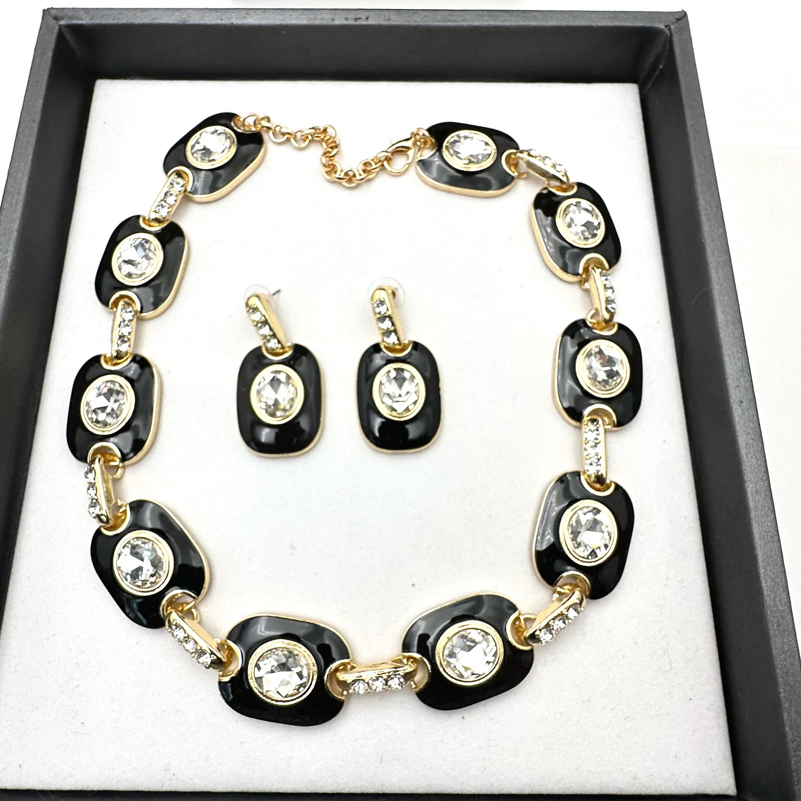 Clear Crystal Black Enamel Gold Tone Statement Necklace 18 Inch Pierced Chandelier Earrings: Clear Crystal Black Enamel Gold Tone Statement Necklace 18 Inch Pierced Chandelier Earrings