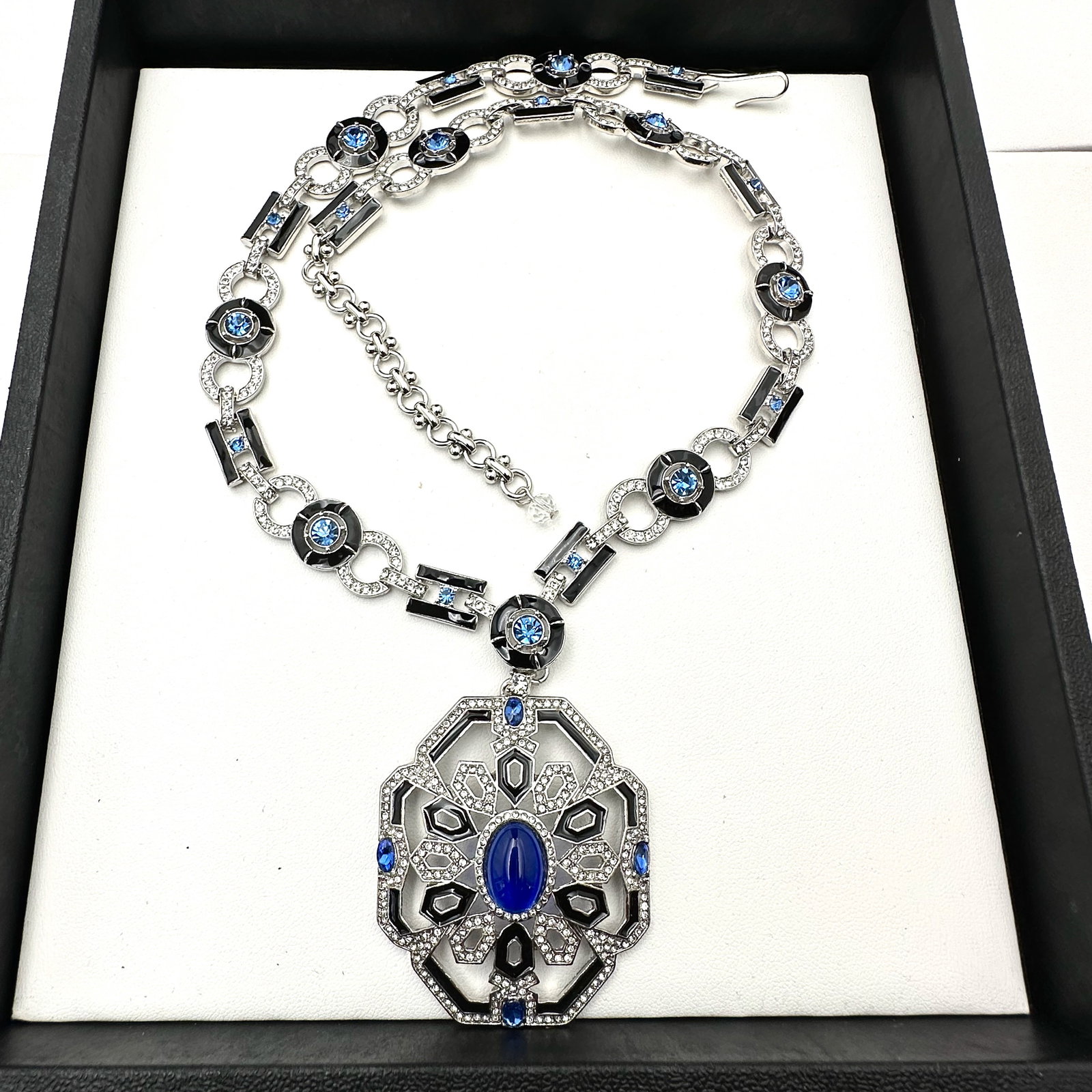 Modern Necklace With Vintage Style Black Enamel Clear and Blue Rhinestones Silver Tone 18 to 20 Inch: Modern Necklace With Vintage Style Black Enamel Clear and Blue Rhinestones Silver Tone 18 to 20 Inch
