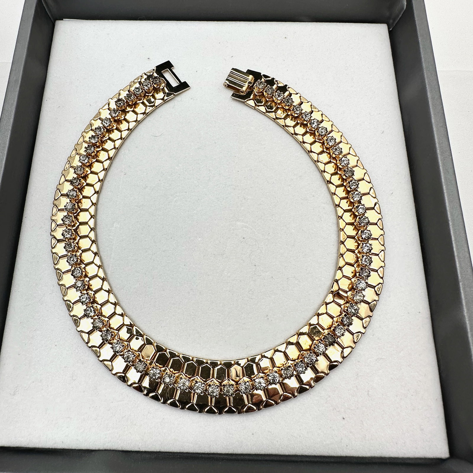 Vintage Reinad Clear Rhinestone Wide Gold Tone Choker Necklace 16 Inch Length: Vintage Reinad Clear Rhinestone Wide Gold Tone Choker Necklace 16 Inch Length