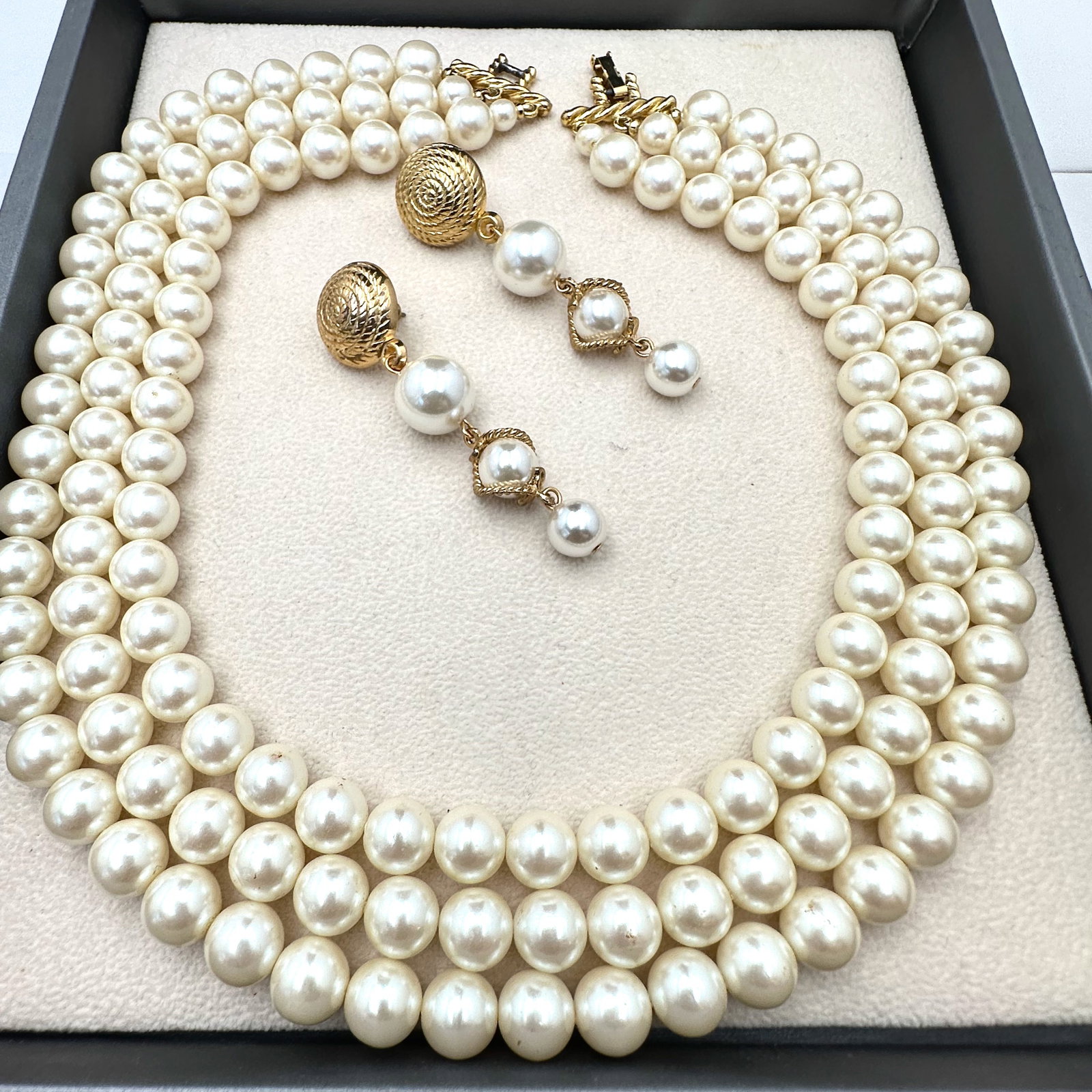 Vintage Glass Faux Pearl Triple Strand Necklace and Pierced Chandelier Earrings (1 of 2)