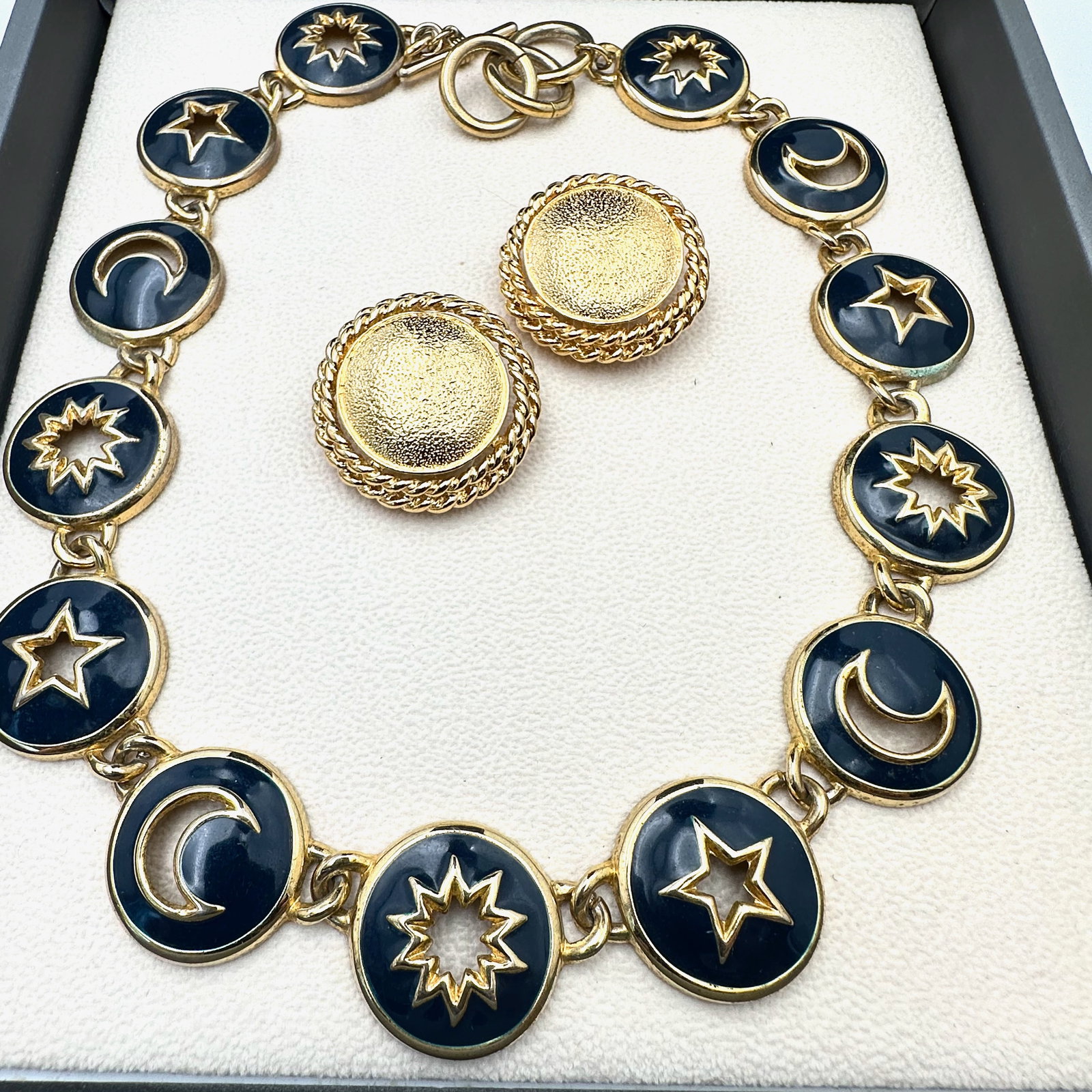Vintage Navy Blue Enamel Gold Tone Choker Necklace and Coordinating Clip Earrings: Vintage Navy Blue Enamel Gold Tone Choker Necklace and Coordinating Clip Earrings