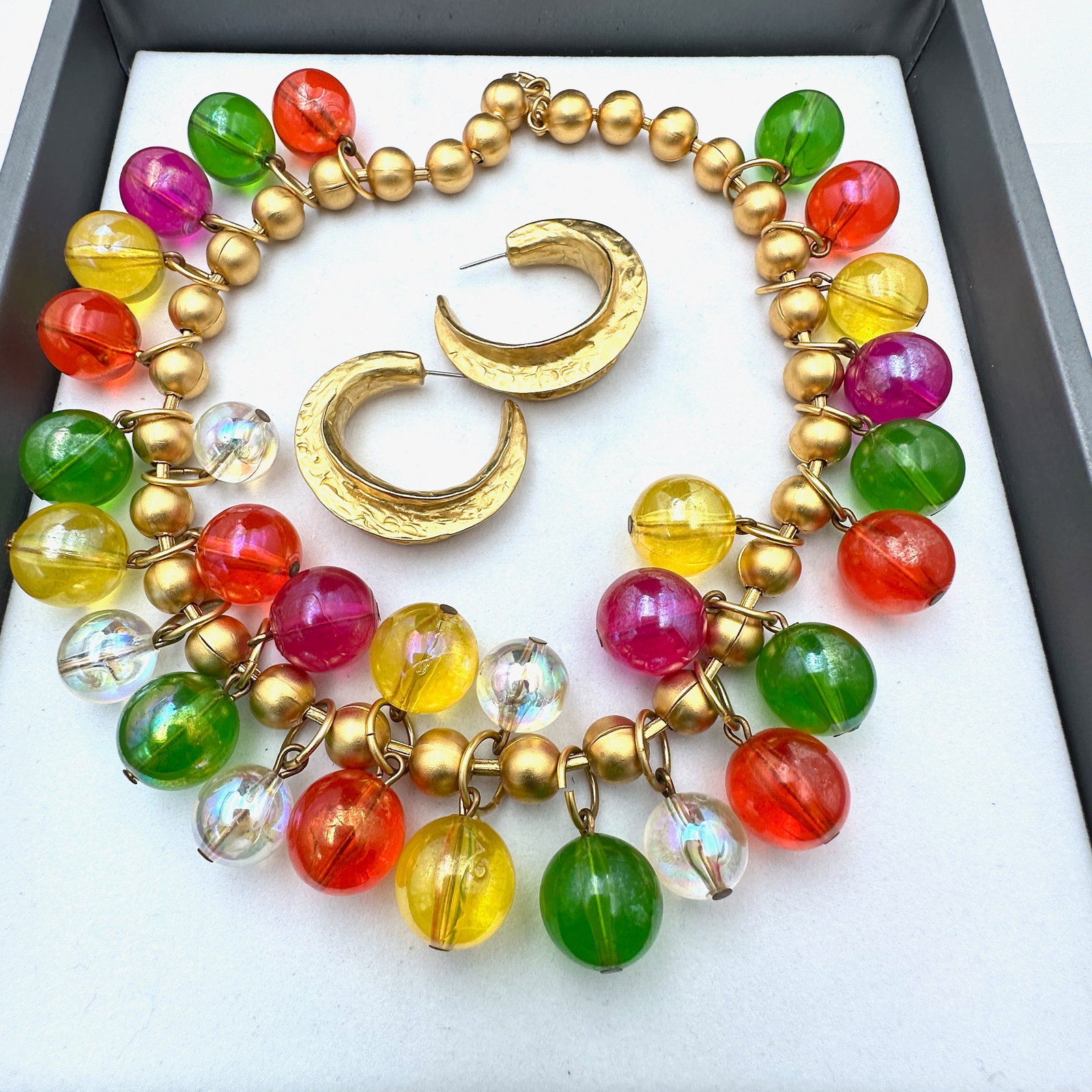 Vintage Matte Gold Tone Multicolor Lucite Bead Statement Necklace and Coordinating Pierced Earrings (1 of 2)