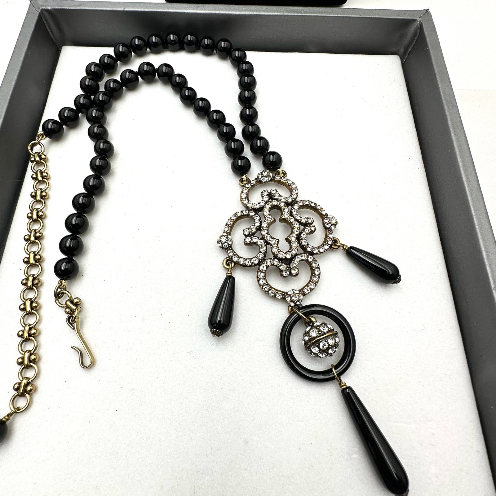 Heidi Daus Black Glass Bead Clear Crystal Bronze Tone Necklace 16 to 20 Inch (1 of 2)