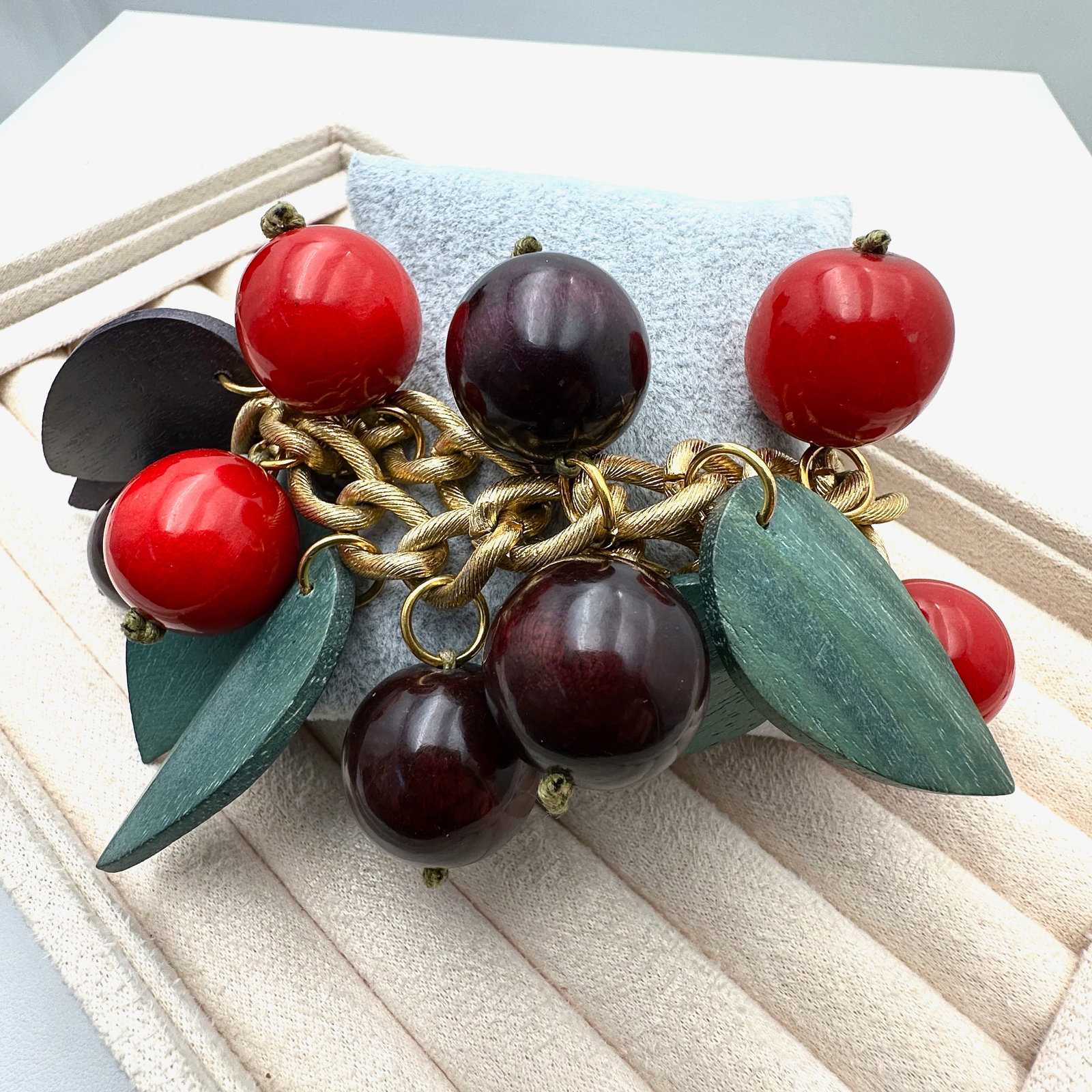 Rara Avis by Iris Apfel Cherries Gold Tone Charm Bracelet Fits Up to 9 Inch (1 of 2)